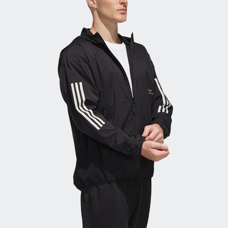 Men's adidas Logo Stripe Printing Hooded Jacket Black FM5325 - 5