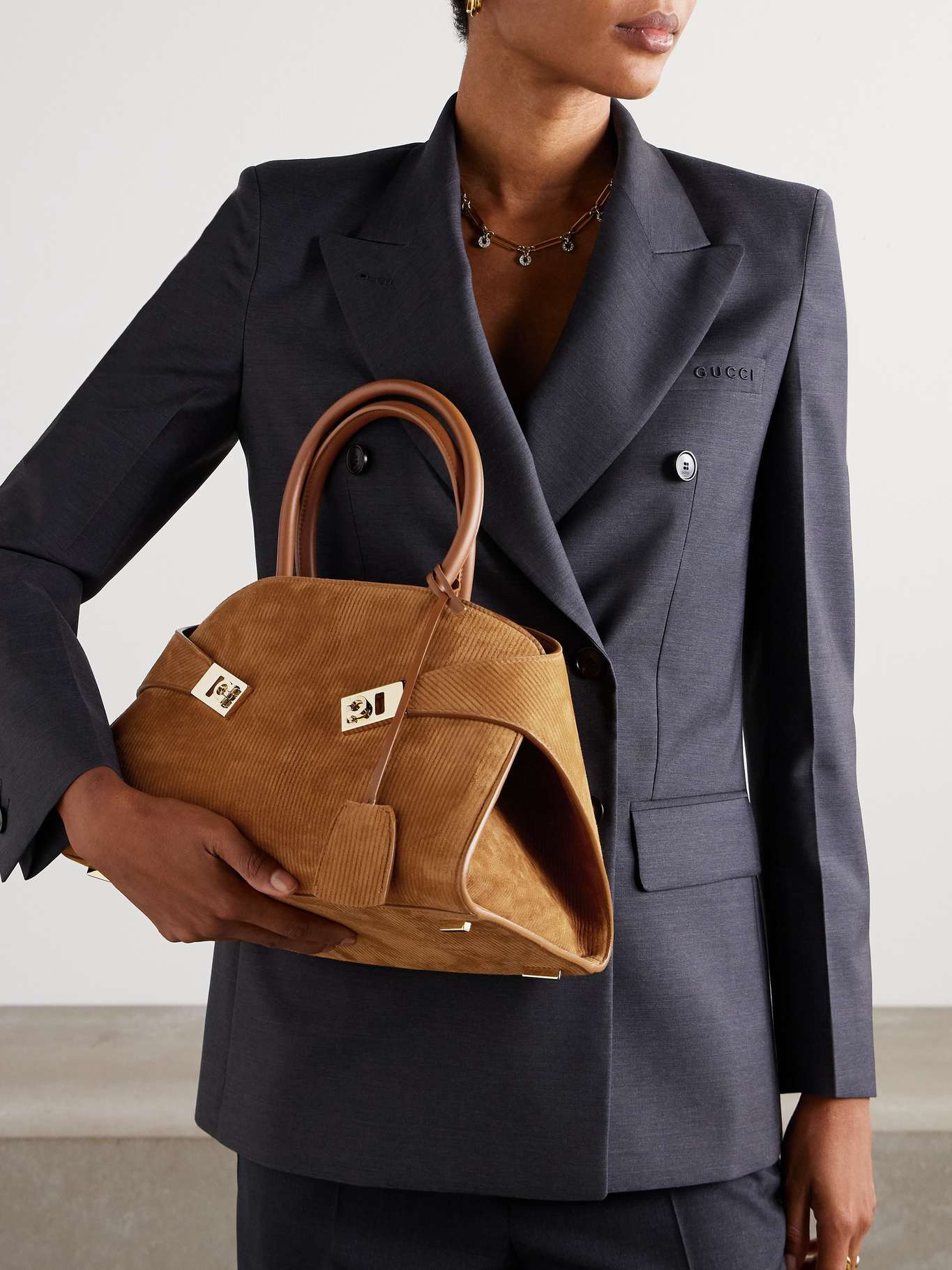 Hug Grainy small embellished leather-trimmed ribbed suede tote Bronze - 2