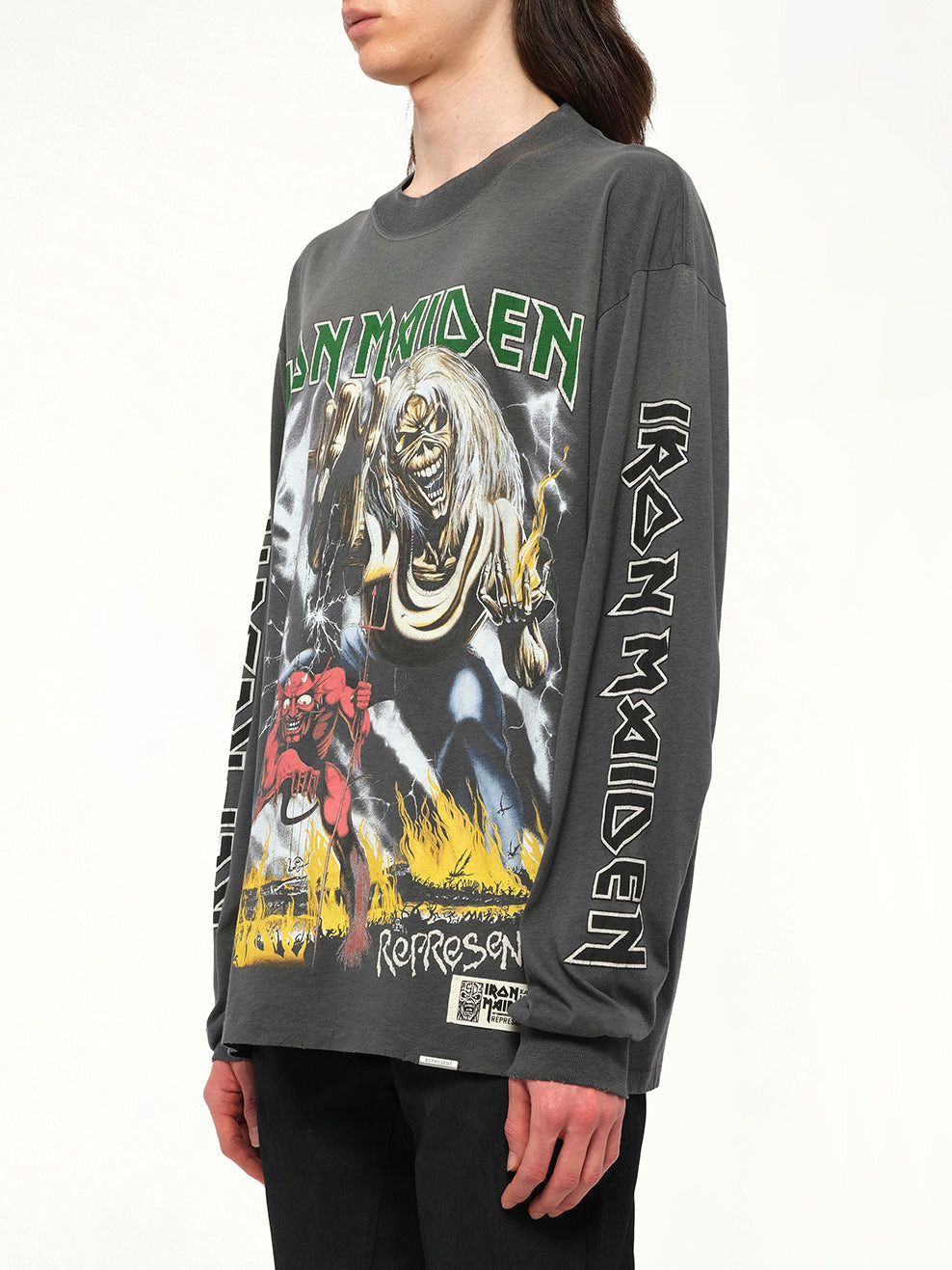 Iron Maiden Number of the Beast Long Sleeve T-Shirt in Sunfade Grey - 3