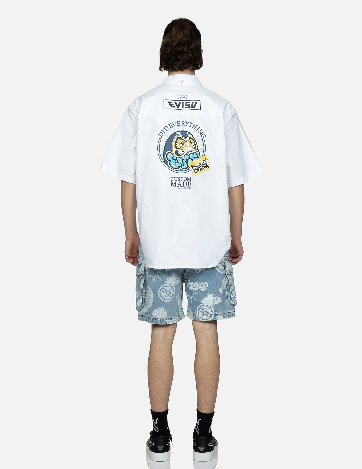 GRAFFITI DARUMA AND KAMON DISCHARGED PRINT DENIM CARGO SHORTS - 5