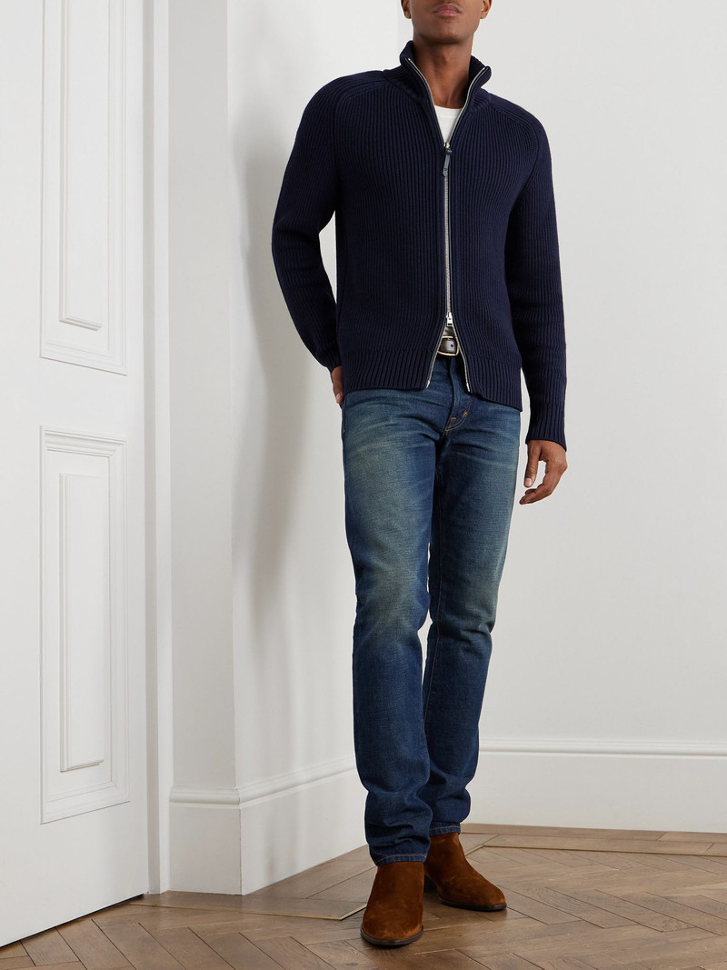 TOM FORD Slim-Fit Ribbed Silk and Merino Wool-Blend Cardigan Blue outlook