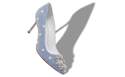 Manolo Blahnik Blue and White Chambray Jewel Buckle Pumps outlook