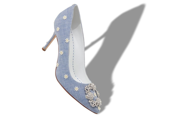 Manolo Blahnik Blue and White Chambray Jewel Buckle Pumps outlook