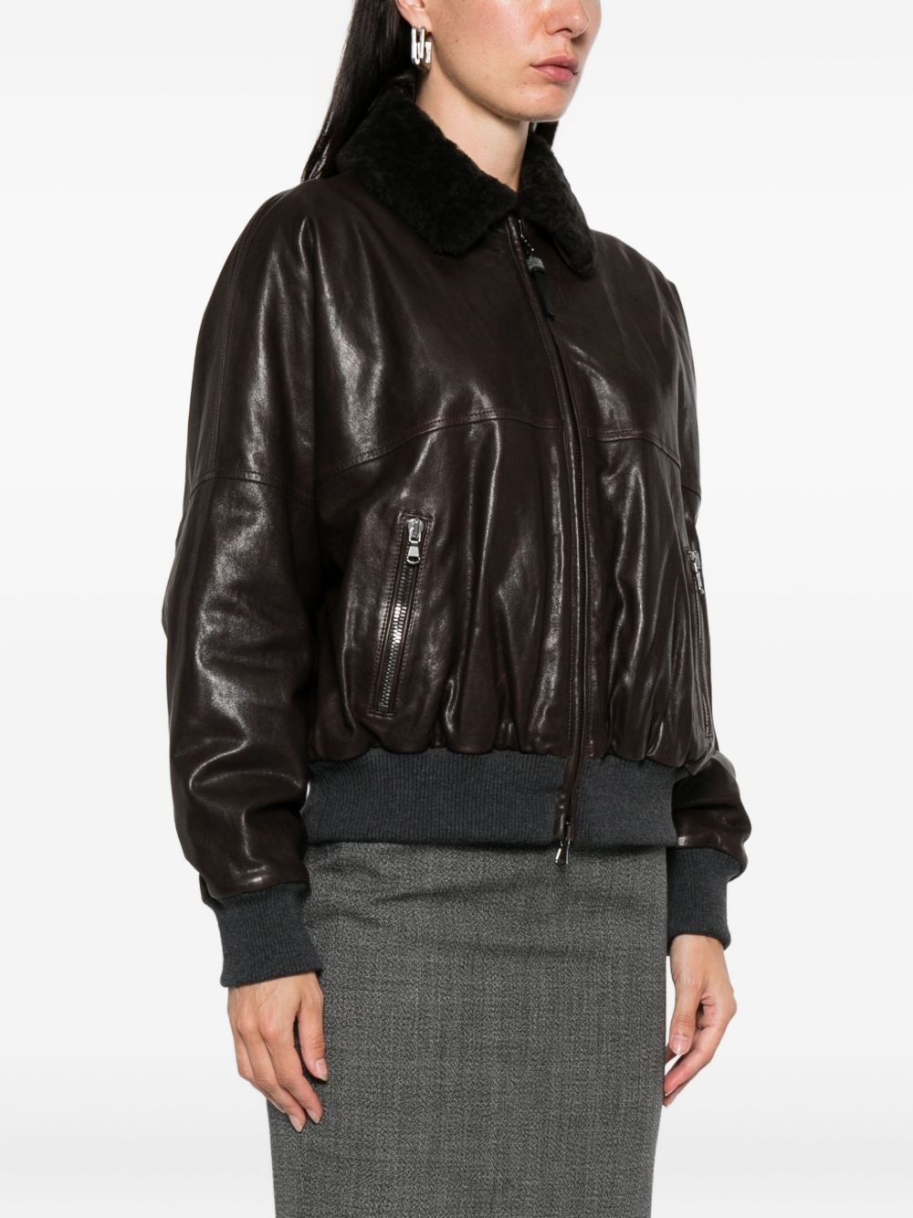 shearling-collar leather jacket - 3