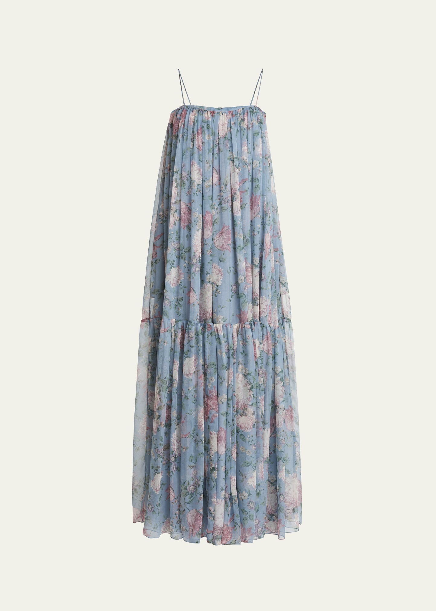 Long Floral Print Tiered Silk Dress - 1