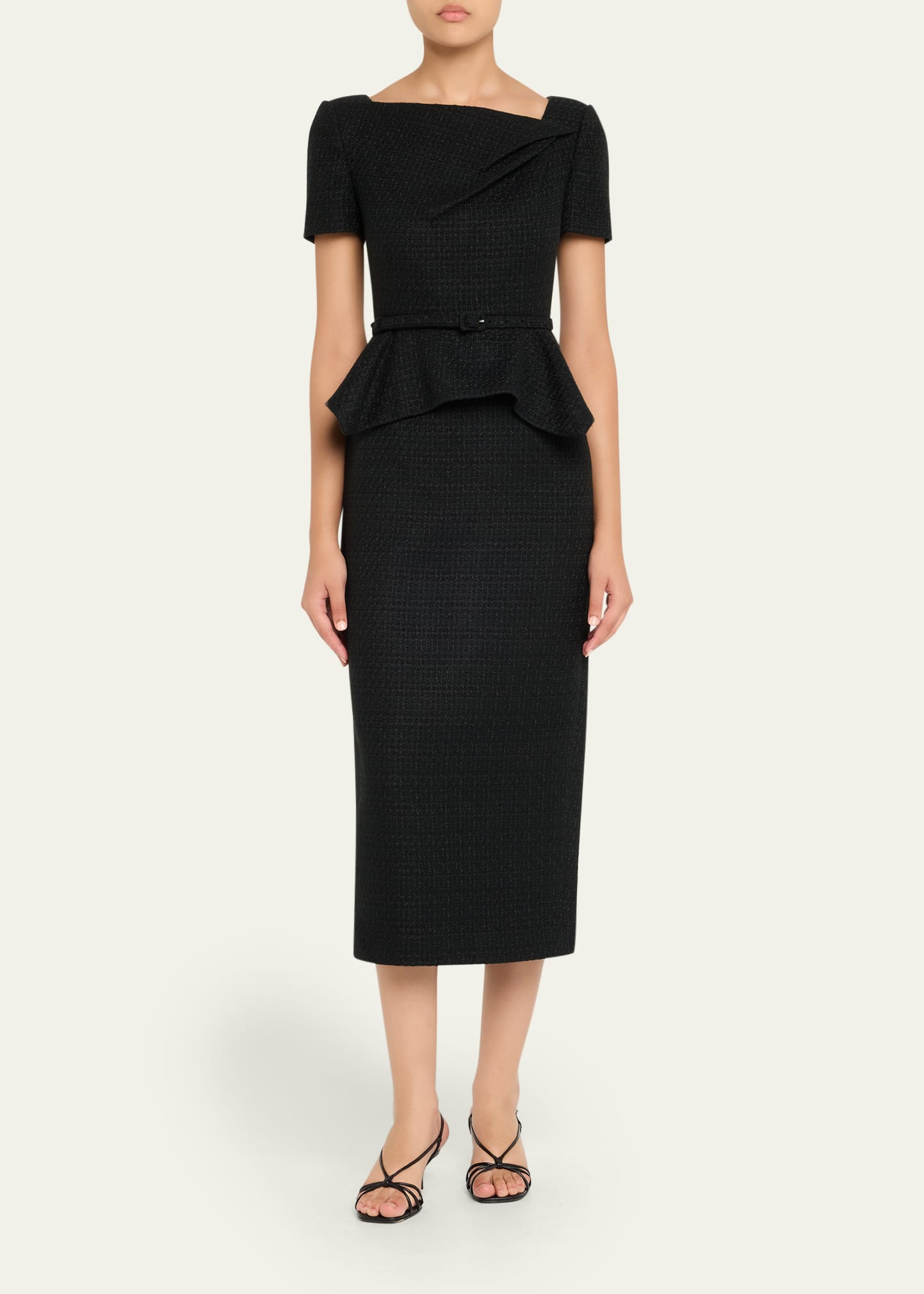 Asymmetric Twist Boucle Belted Peplum Midi Dress - 2