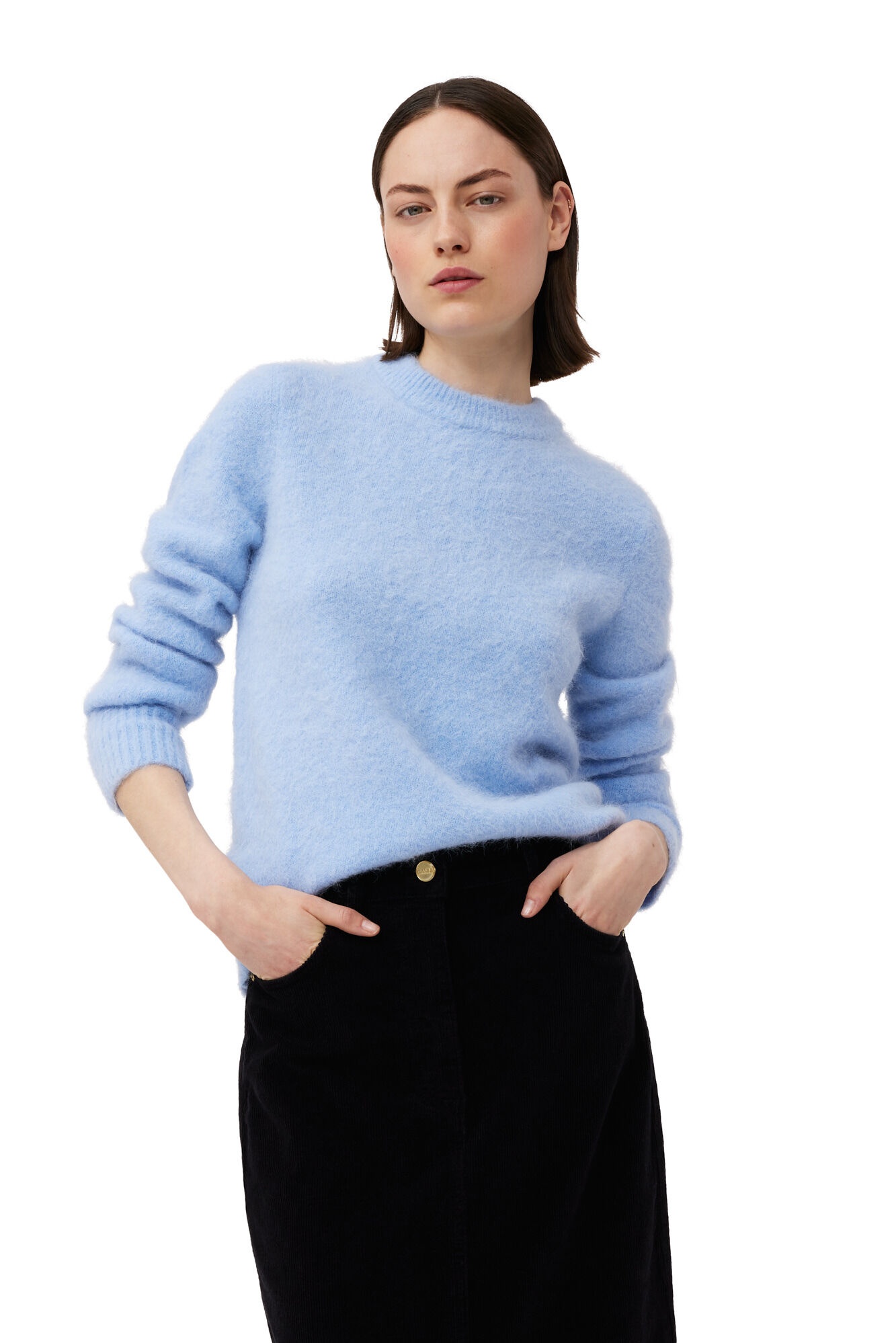 BLUE BRUSHED ALPACA O-NECK SWEATER - 3