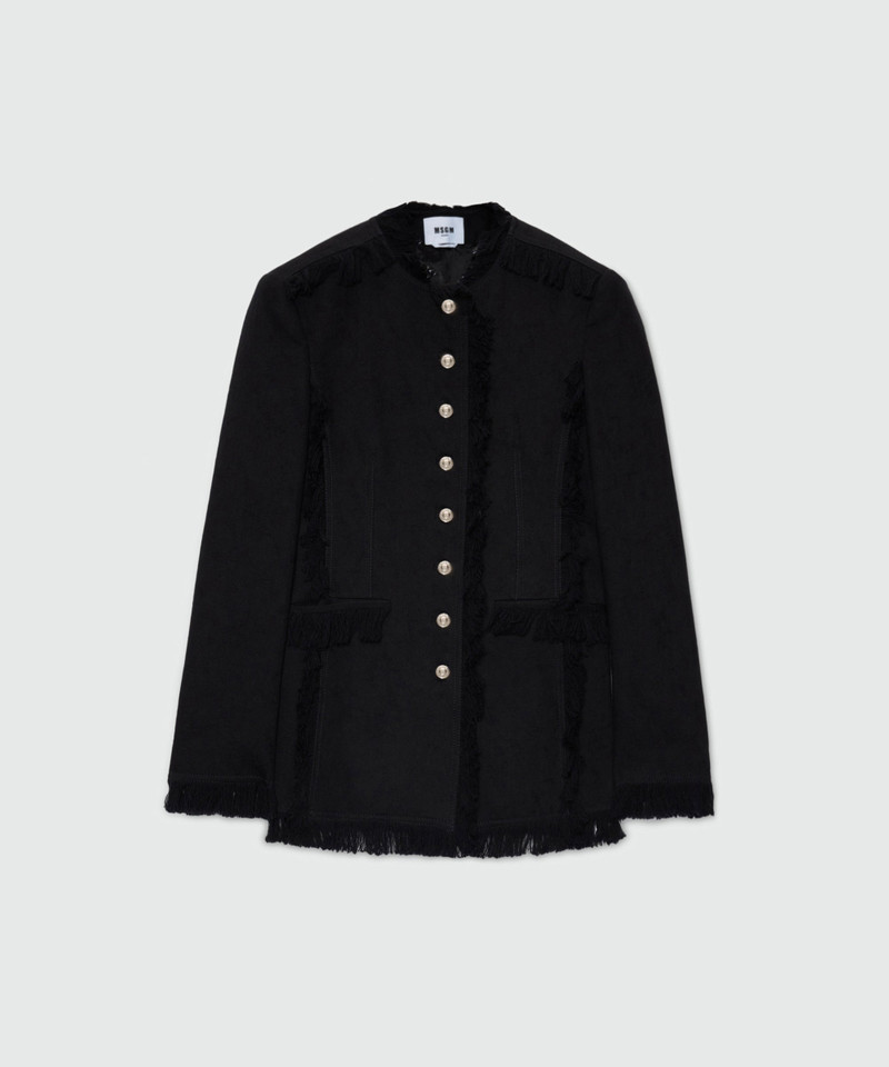 Black single-breasted raw cotton jacket with frayed edges. 1