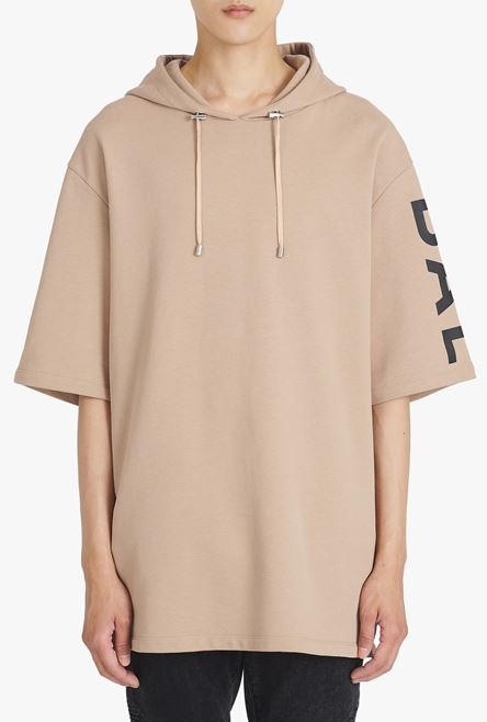 Oversized sand-colored eco-designed cotton hooded sweatshirt with black Balmain logo print - 5