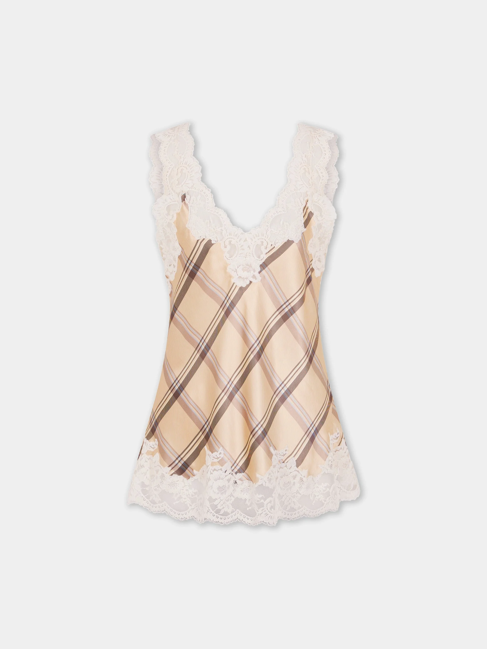 BEIGE TARTAN PRINT SILK TANK TOP WITH LACE DETAILING - 1