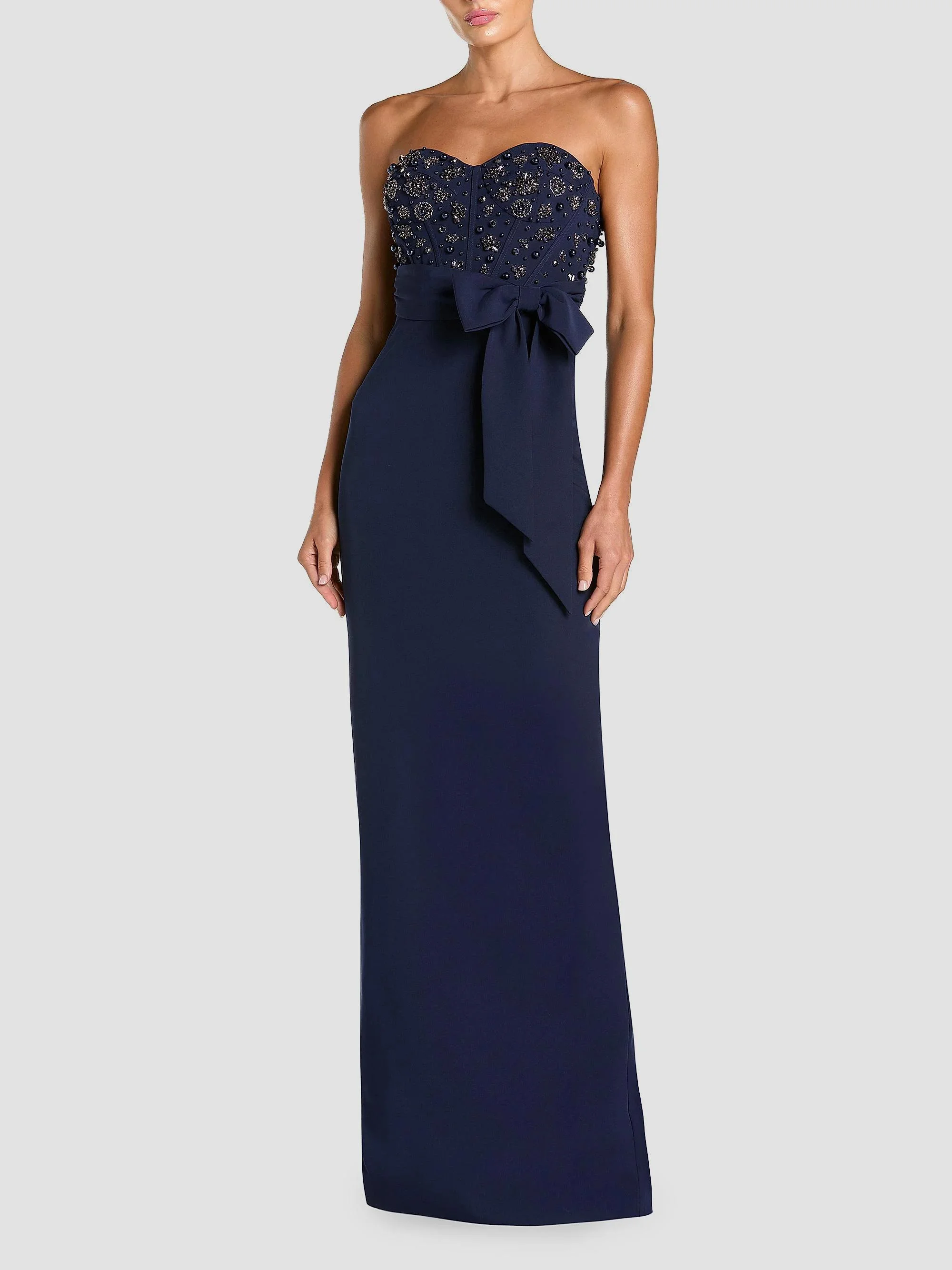 Women's Beaded Crepe Strapless Column Gown - Midnight - 1