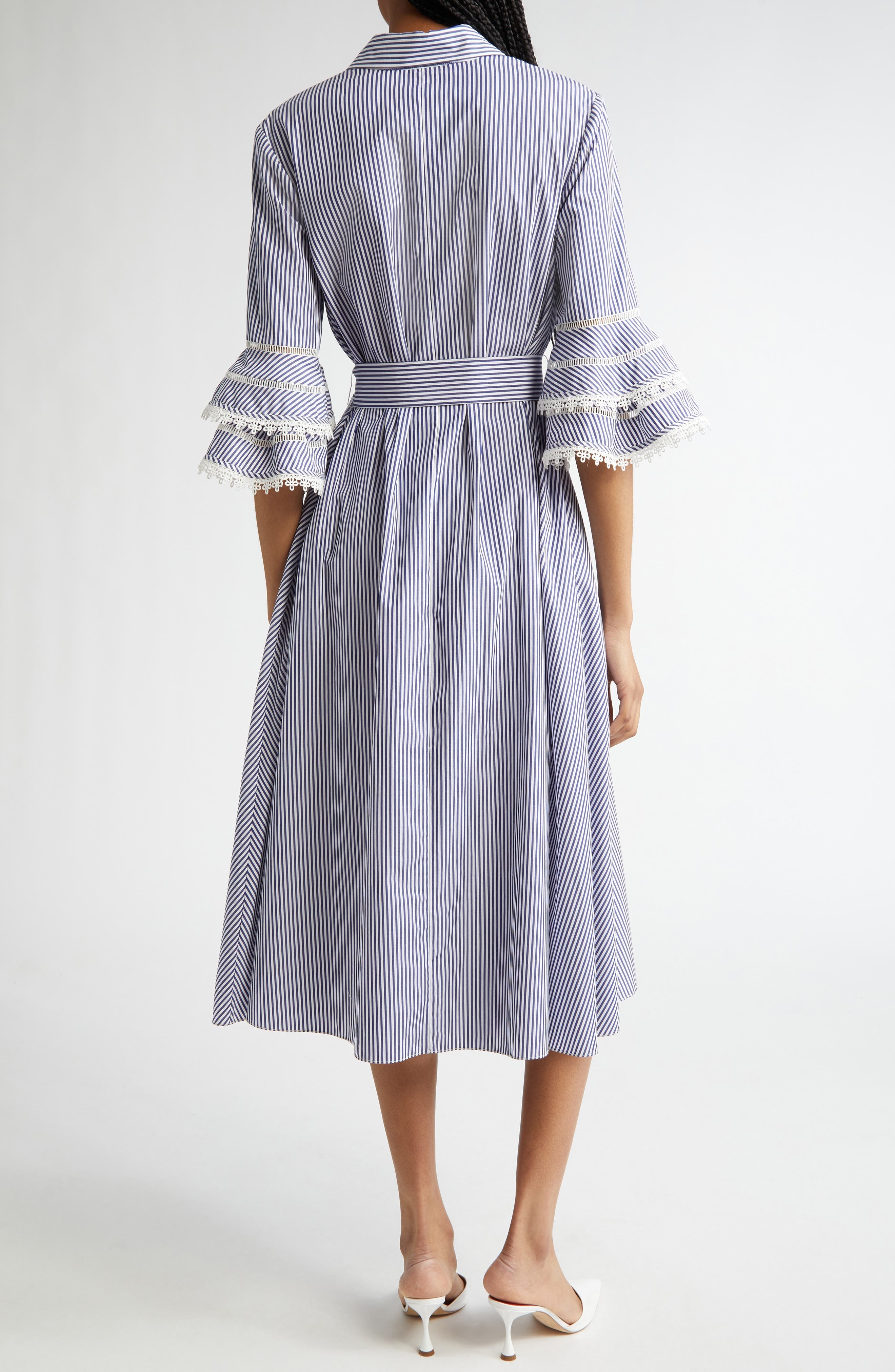 Carolina Herrera Stripe Tiered Ruffle Sleeve Belted Poplin Shirtdress in White/Blue at Nordstrom - 2