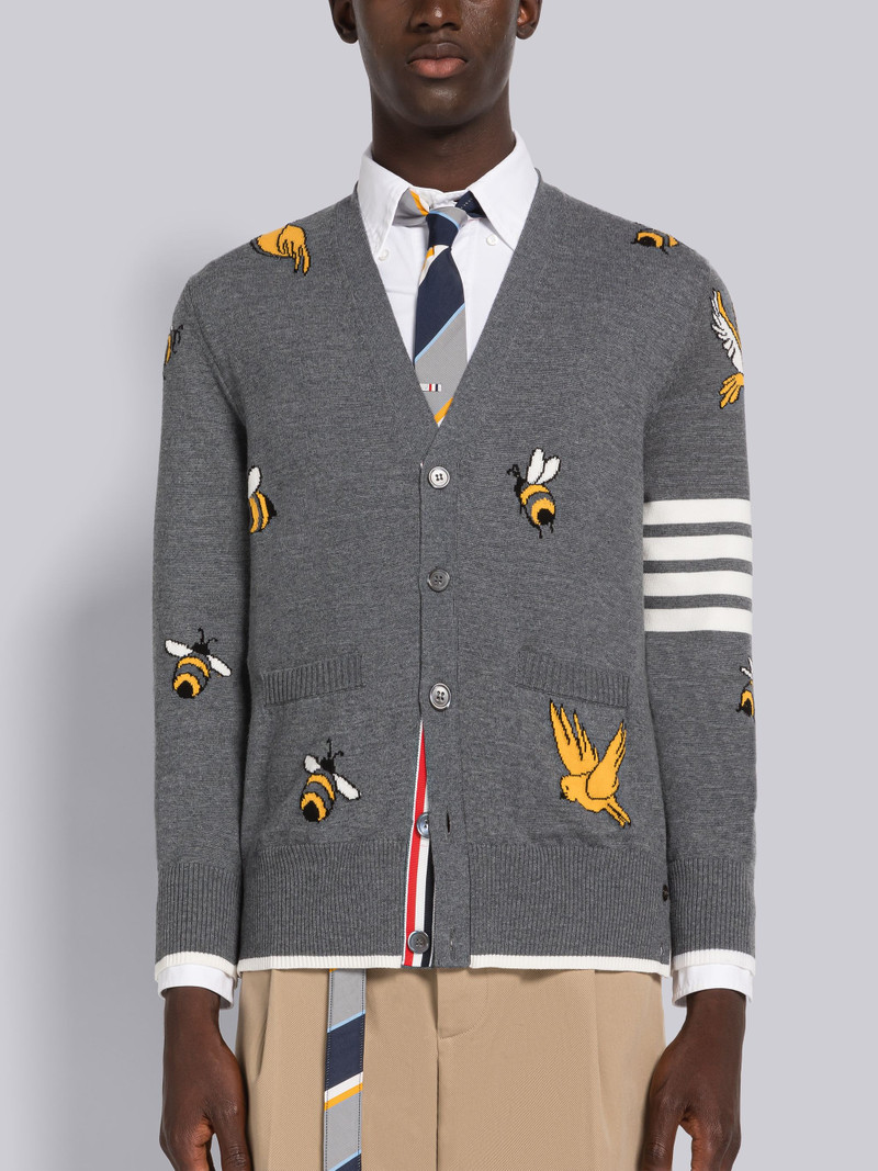 COTTON MERINO BIRDS AND BEES 4-BAR V-NECK CARDIGAN 1