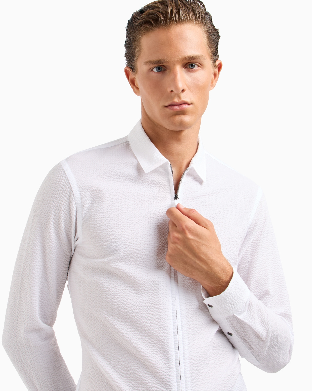 Slim-fit cotton seersucker shirt with zip - 5