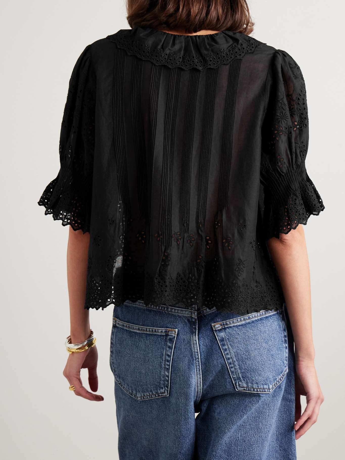 Henri ruffled pintucked broderie anglaise cotton top Black - 3