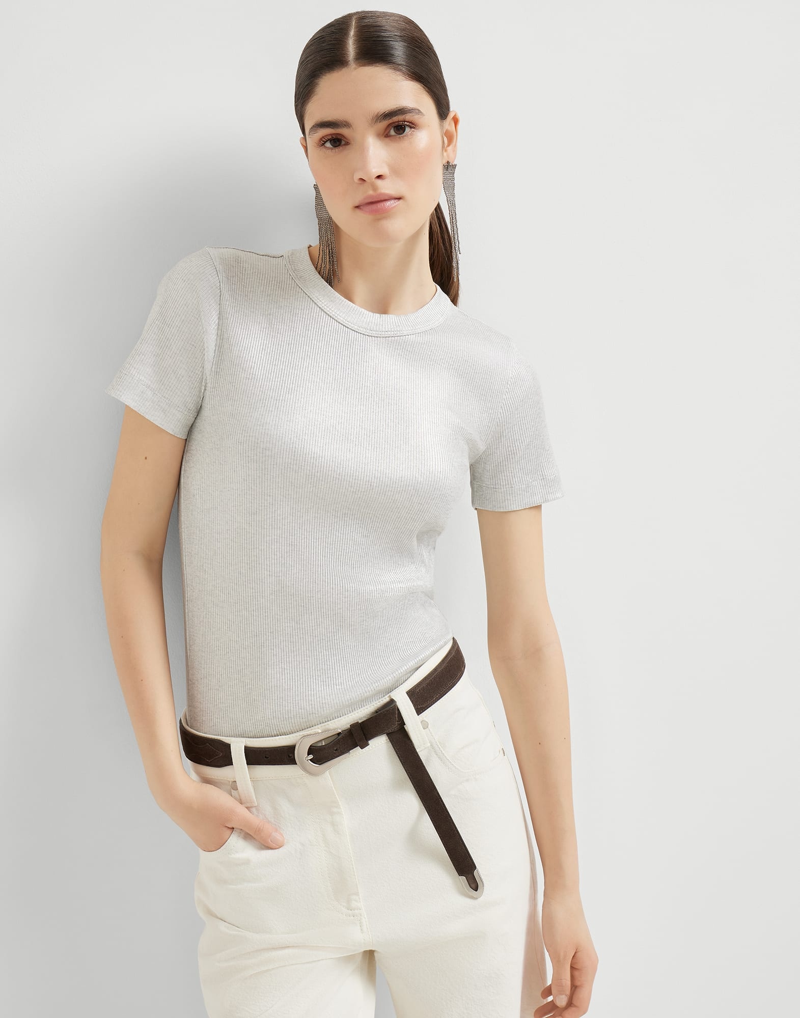 Sparkling stretch cotton ribbed jersey T-shirt with shiny tab - 4