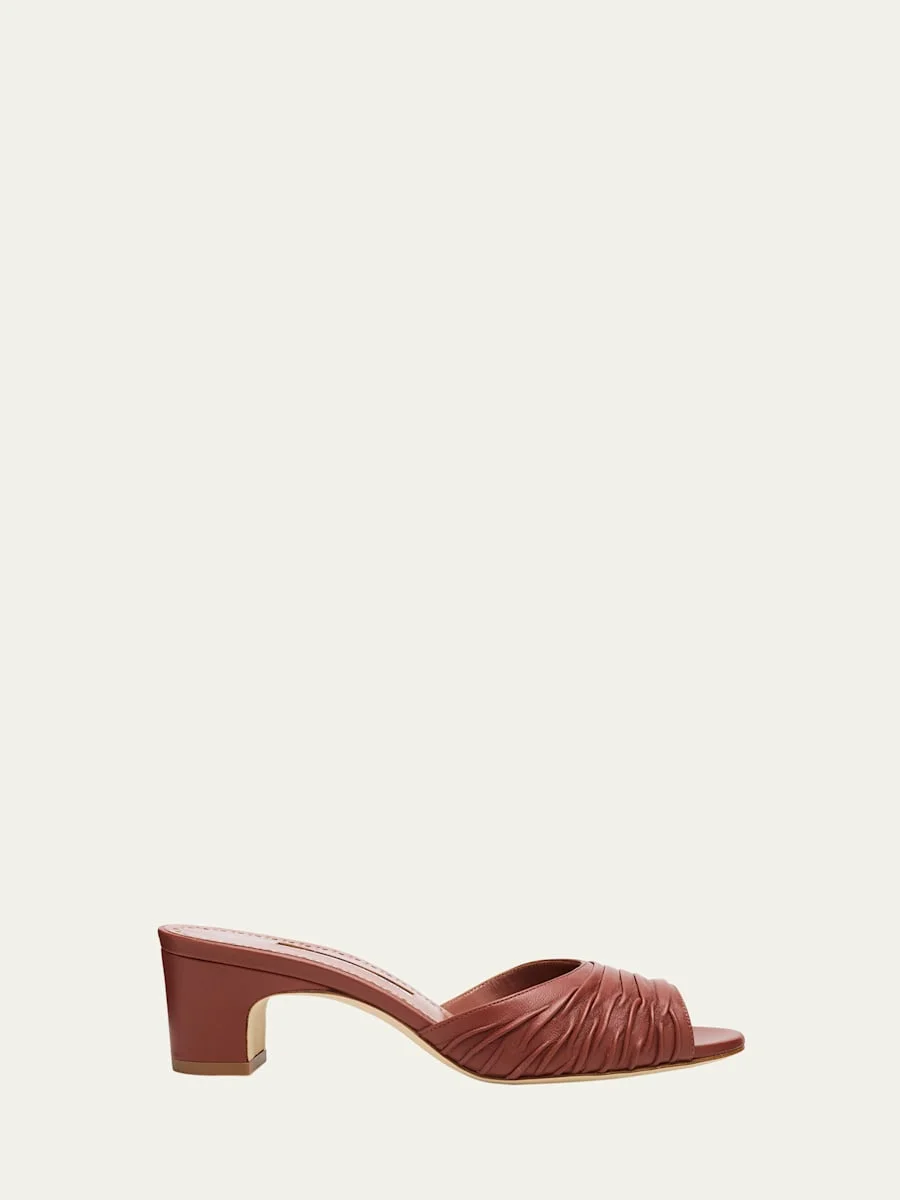 Ruched Leather Slide Sandals - 1