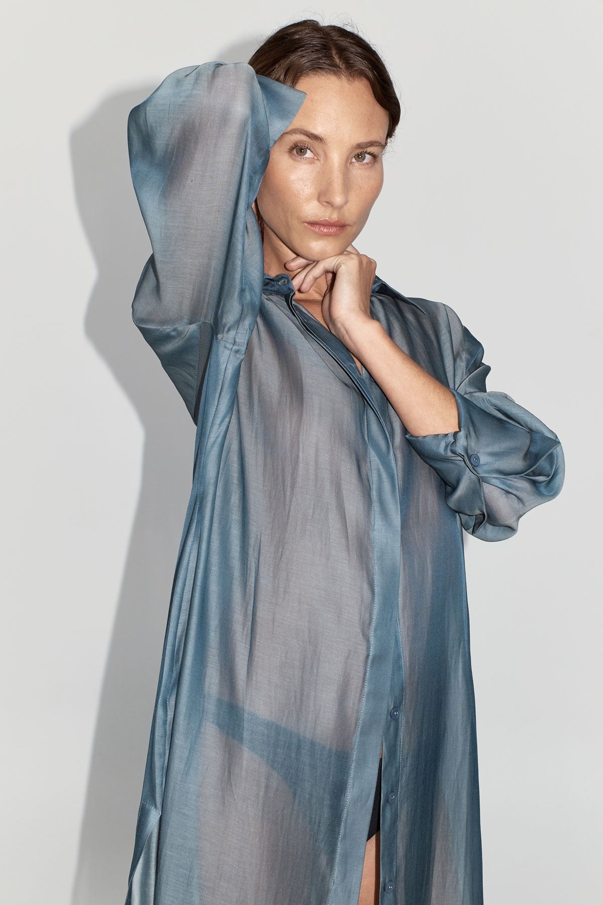 Sheer Shirt Dress - Slate - 2