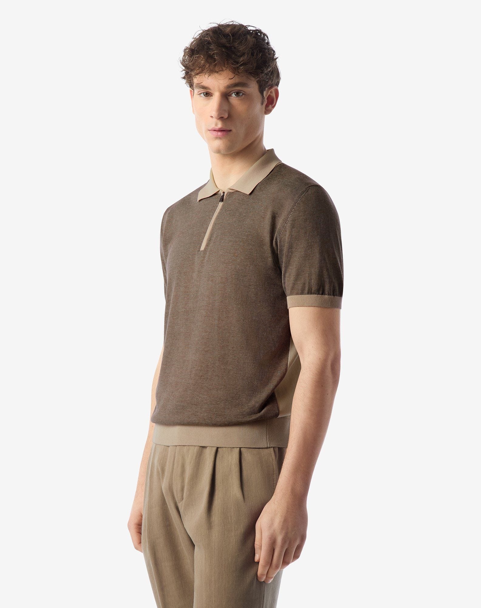 Ice cotton and silk polo shirt with nude/brown zip - 2