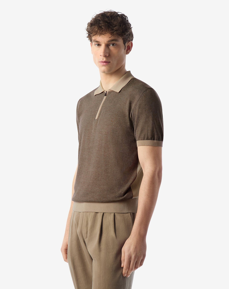 CORNELIANI Ice cotton and silk polo shirt with nude/brown zip outlook