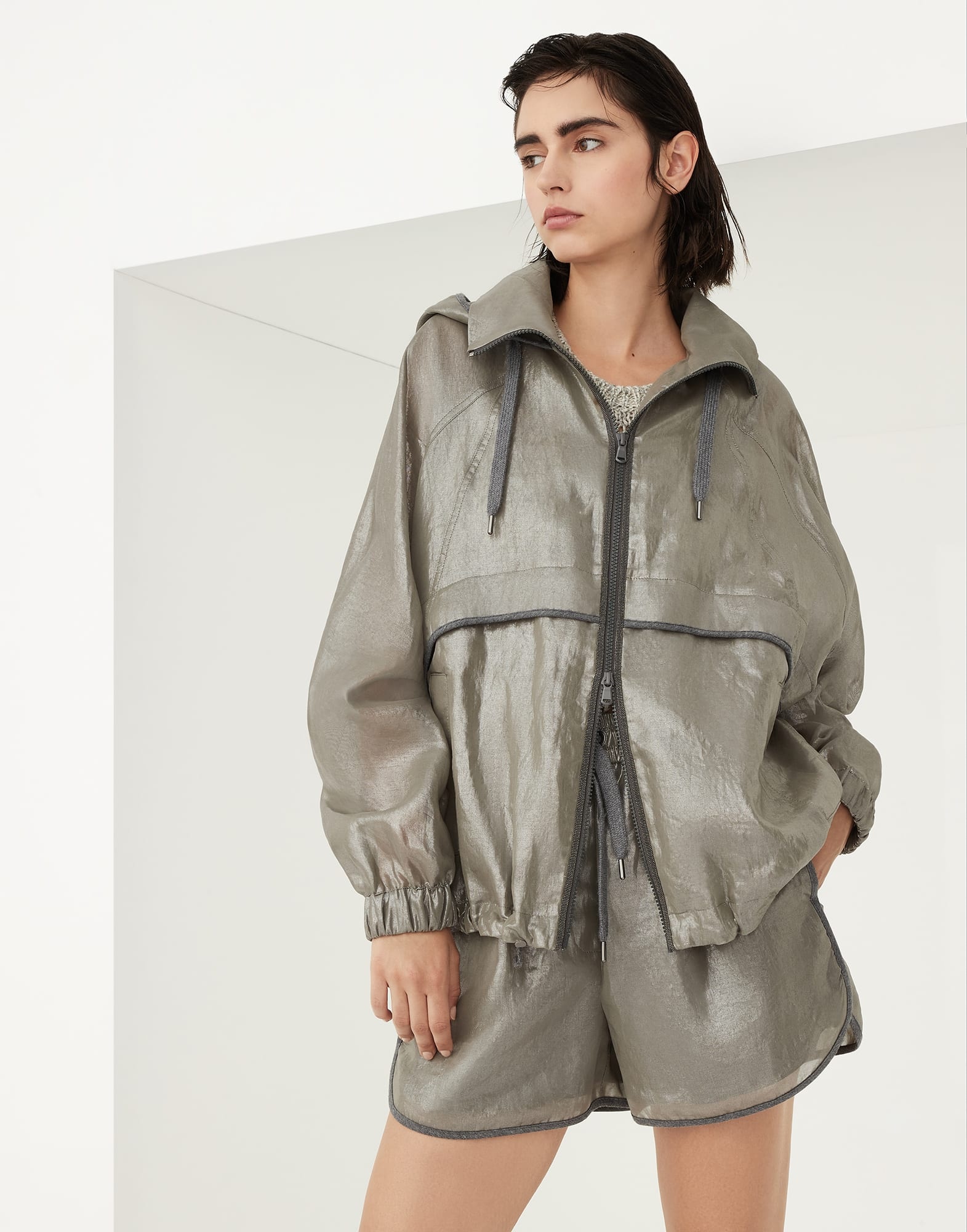 Lamé cotton gauze hooded outerwear jacket with shiny trims - 1