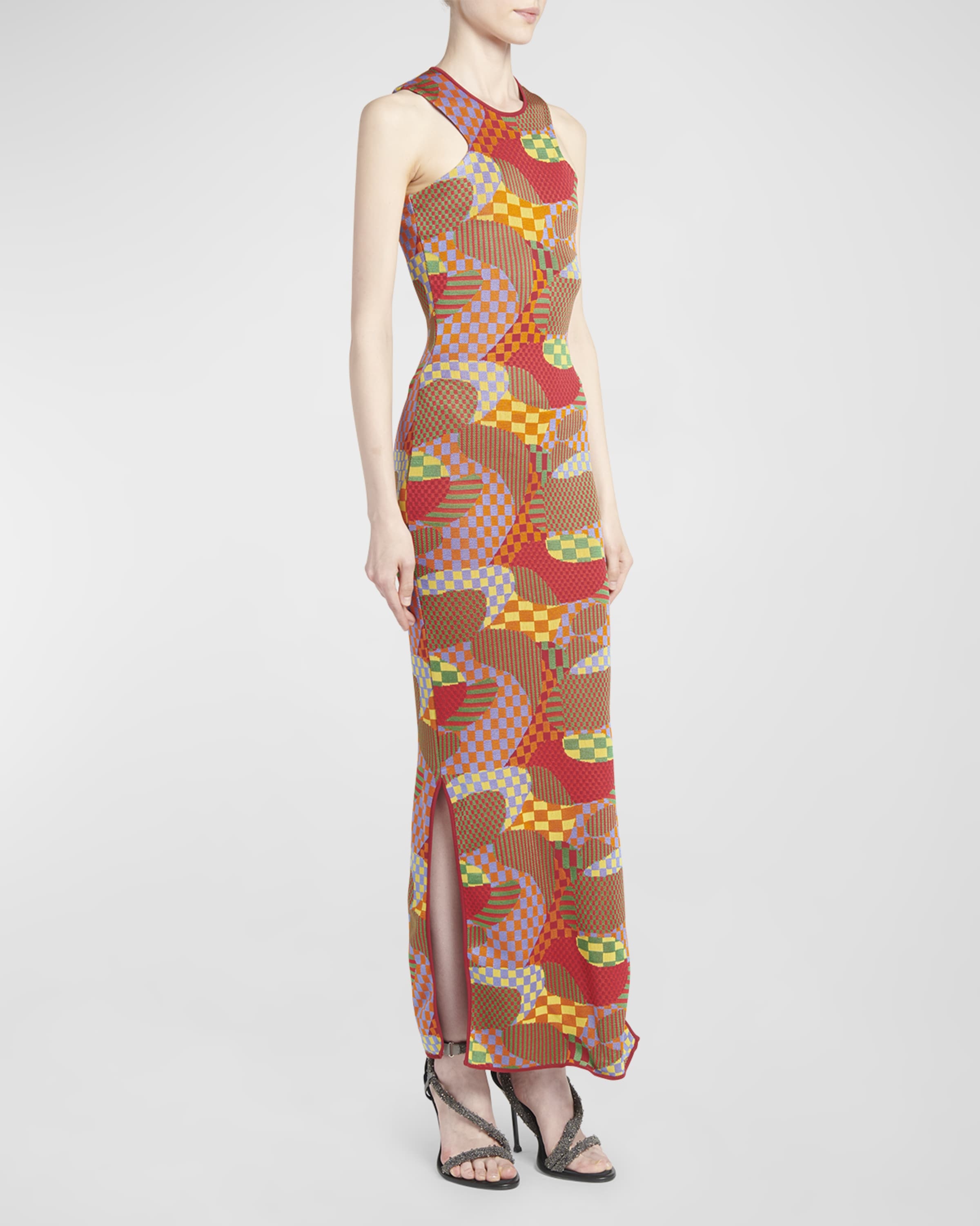 Abstract Knit Sleeveless Slits-Hem Maxi Dress - 3