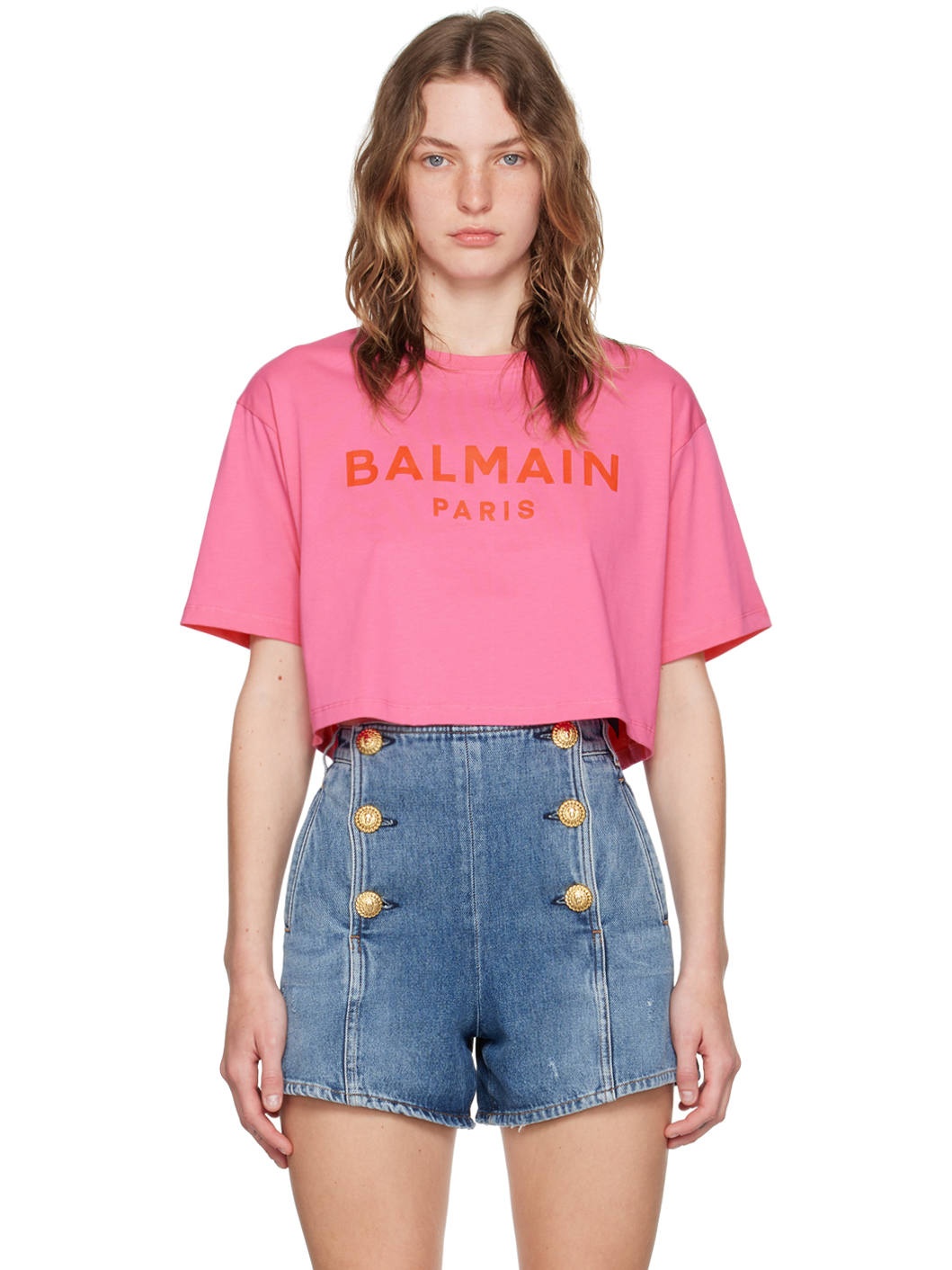 Pink 'Balmain Paris' Cropped T-Shirt - 1