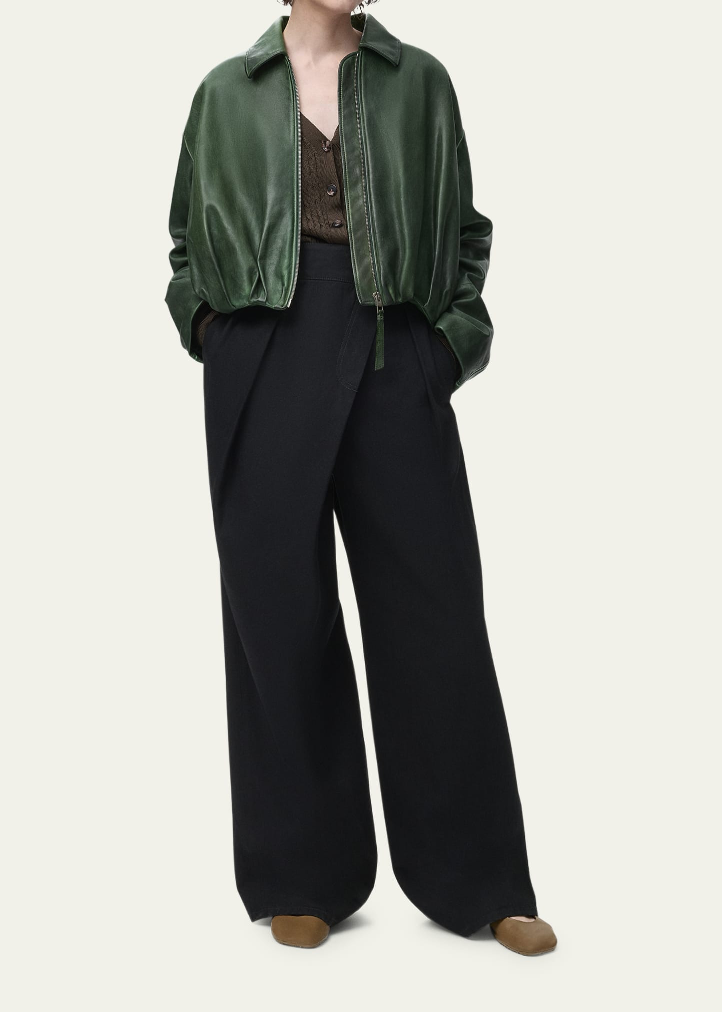 Draped Leather Bomber Jacket - 2