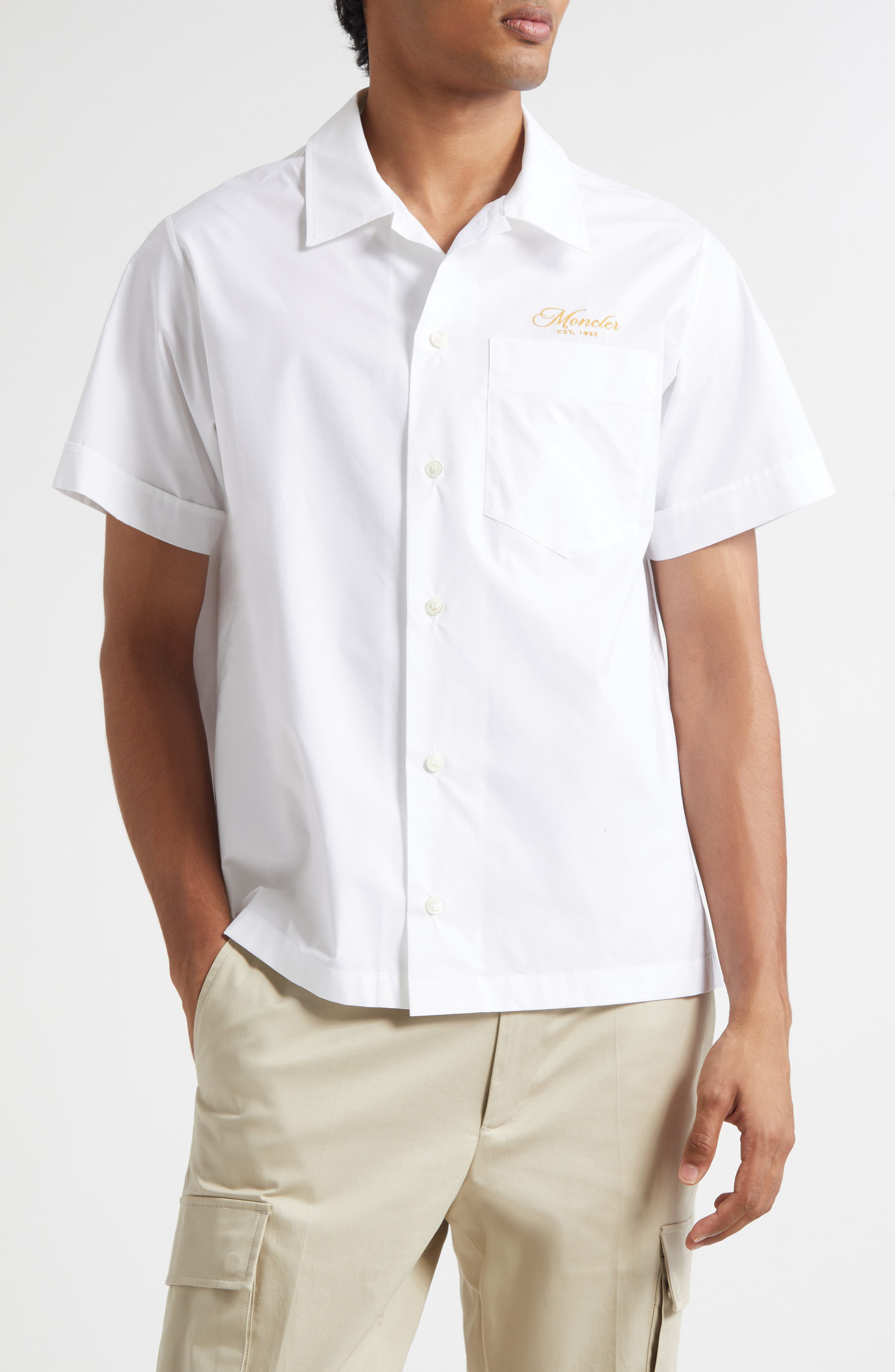 Moncler Logo Embroidered Camp Shirt in Brilliant White at Nordstrom - 1