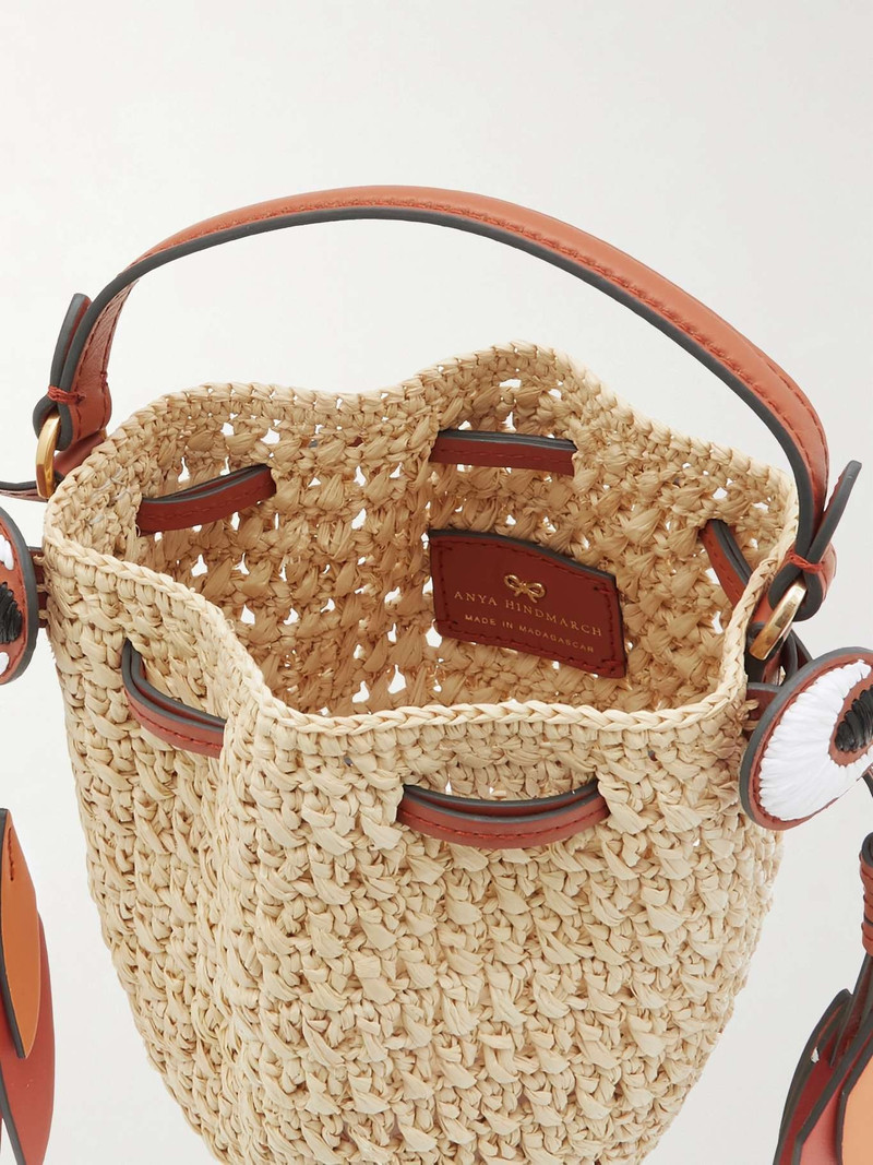 Goldfish leather-trimmed embroidered raffia shoulder bag 5