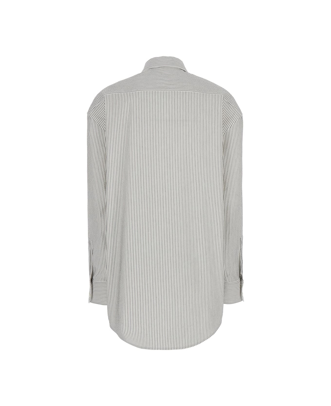 Grey Shirt With Cassandre Embroidery And All-over Striped Motif In Cotton Woman - 2