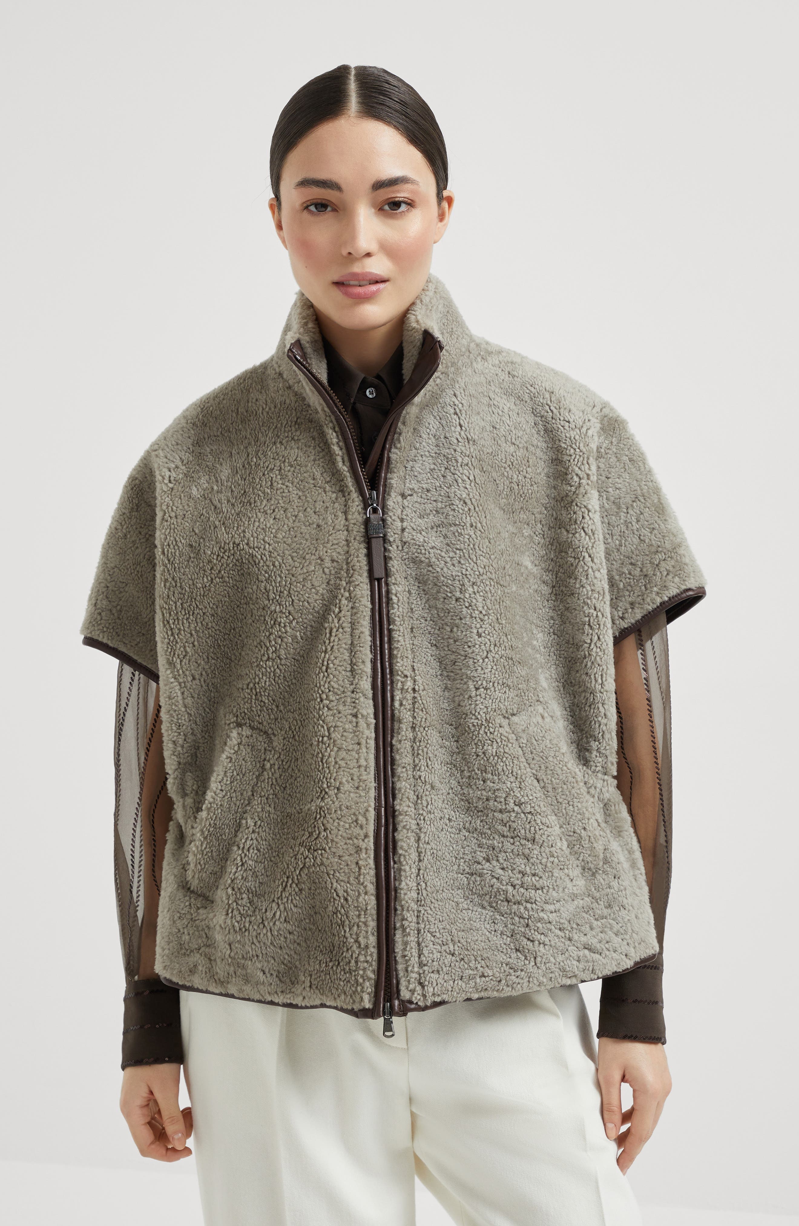 Brunello Cucinelli Curly shearling outerwear jacket in Grey at Nordstrom - 2