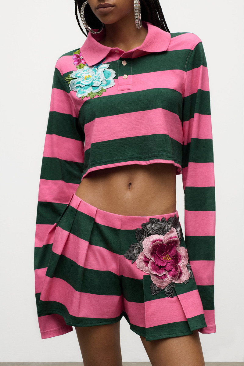 EMBROIDERED FLOWER RUGBY STRIPE PLEATED SHORT 5