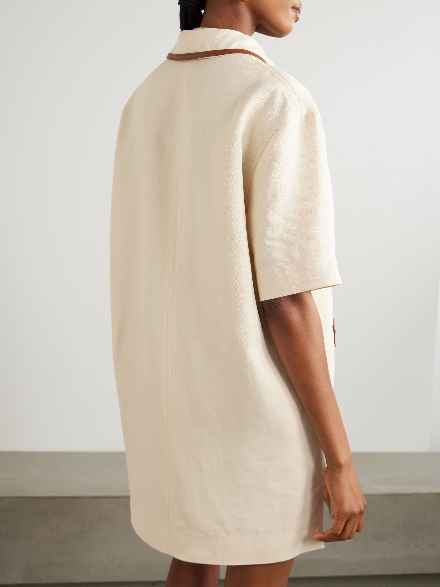 Horsebit-embellished leather-trimmed linen mini dress Cream - 3