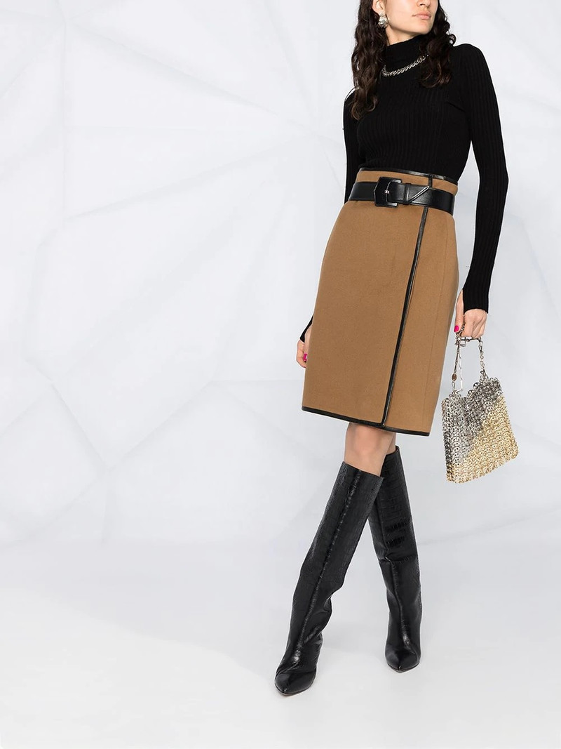 SAINT LAURENT high-rise wrap skirt in flannel wool cashmere and leather outlook