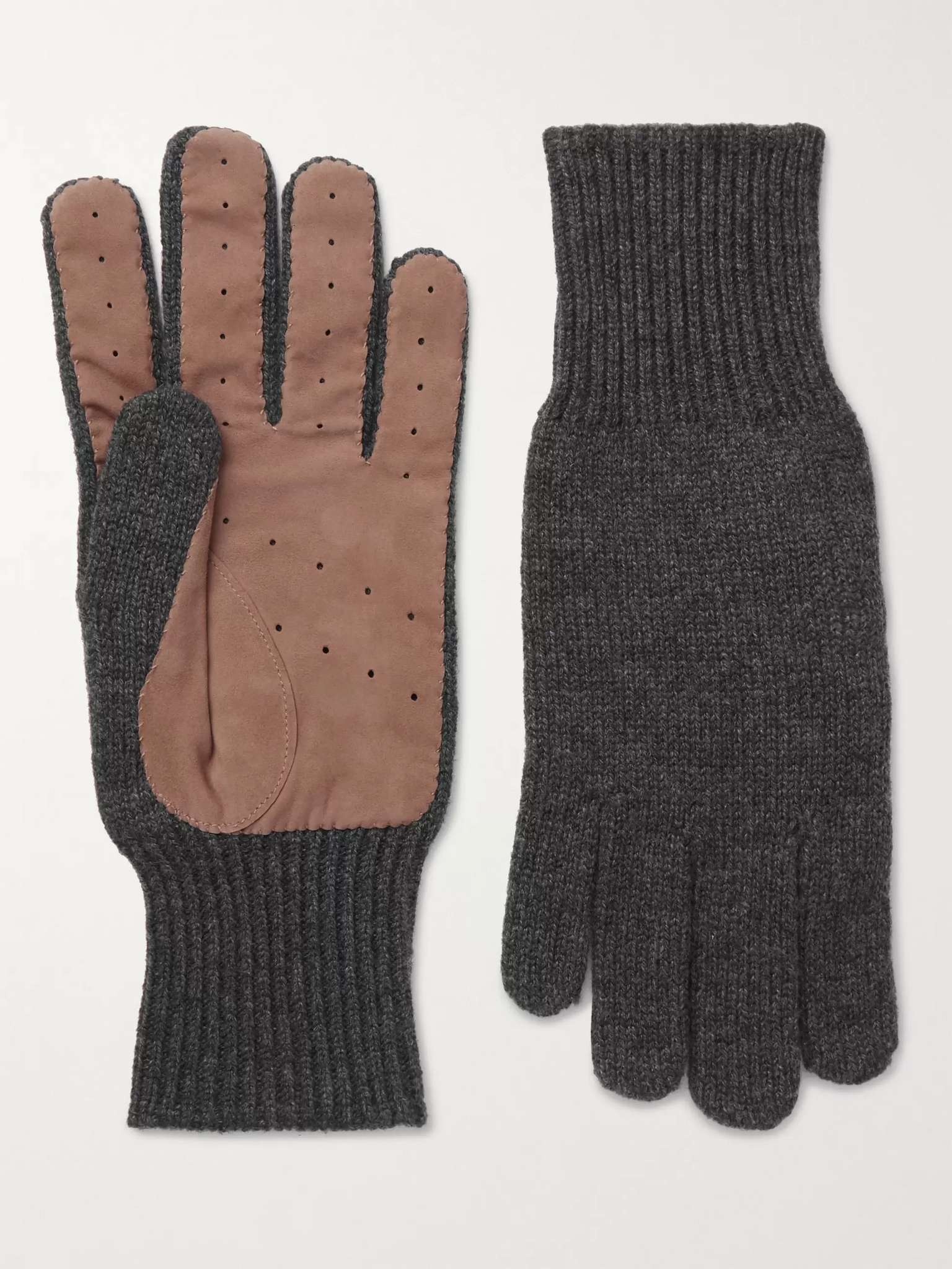 Perforated Suede-Panelled Cashmere Gloves - 1