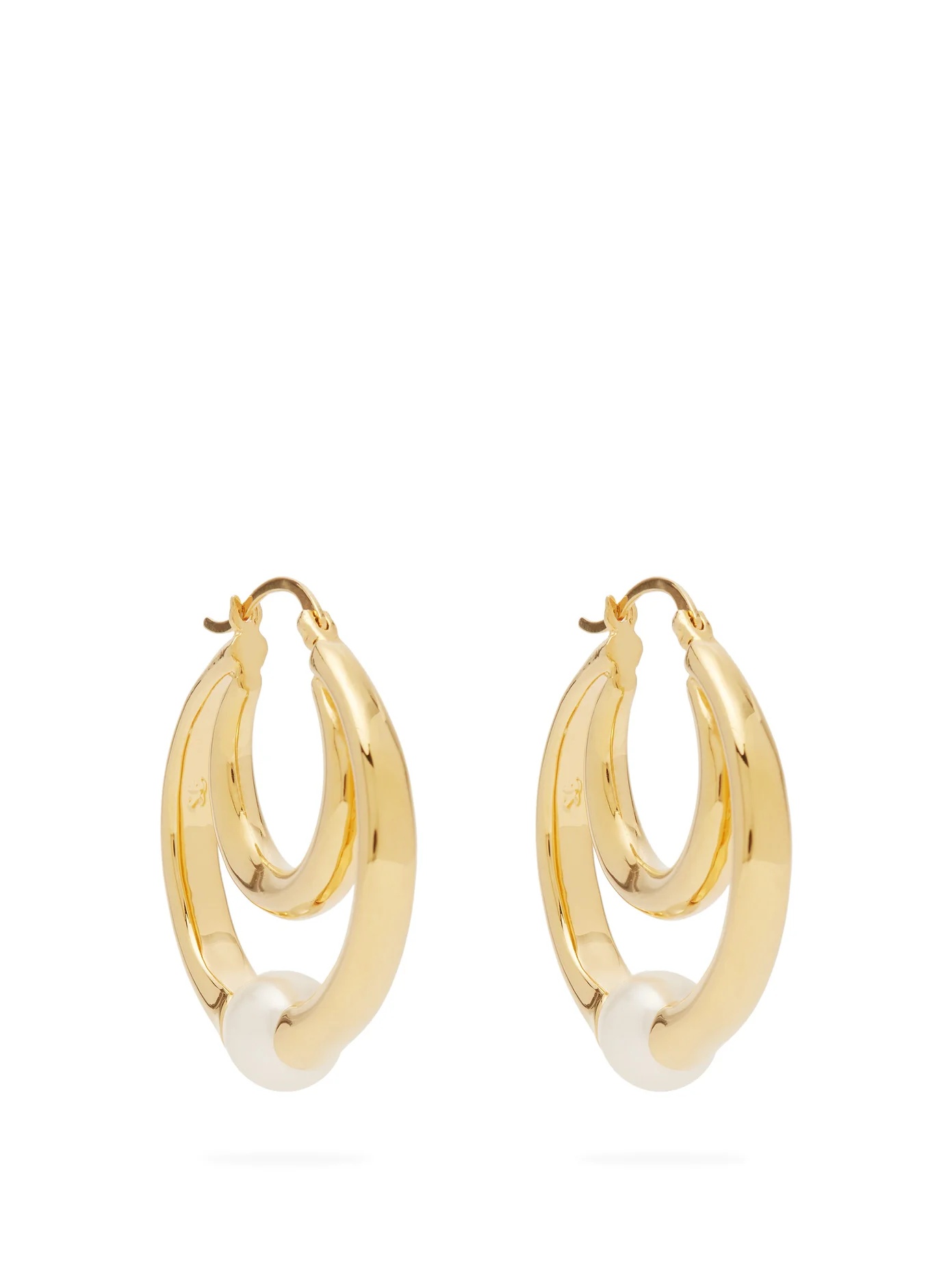 Double-hoop gold-vermeil and faux-pearl earrings - 1