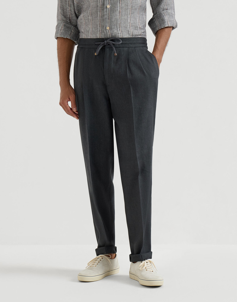 Linen and virgin wool chevron trousers with drawstring and double pleats 2