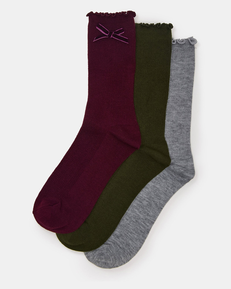 3 PACK FOLLY VELVET BOW RIB CREW SOCKS CHERRY 1