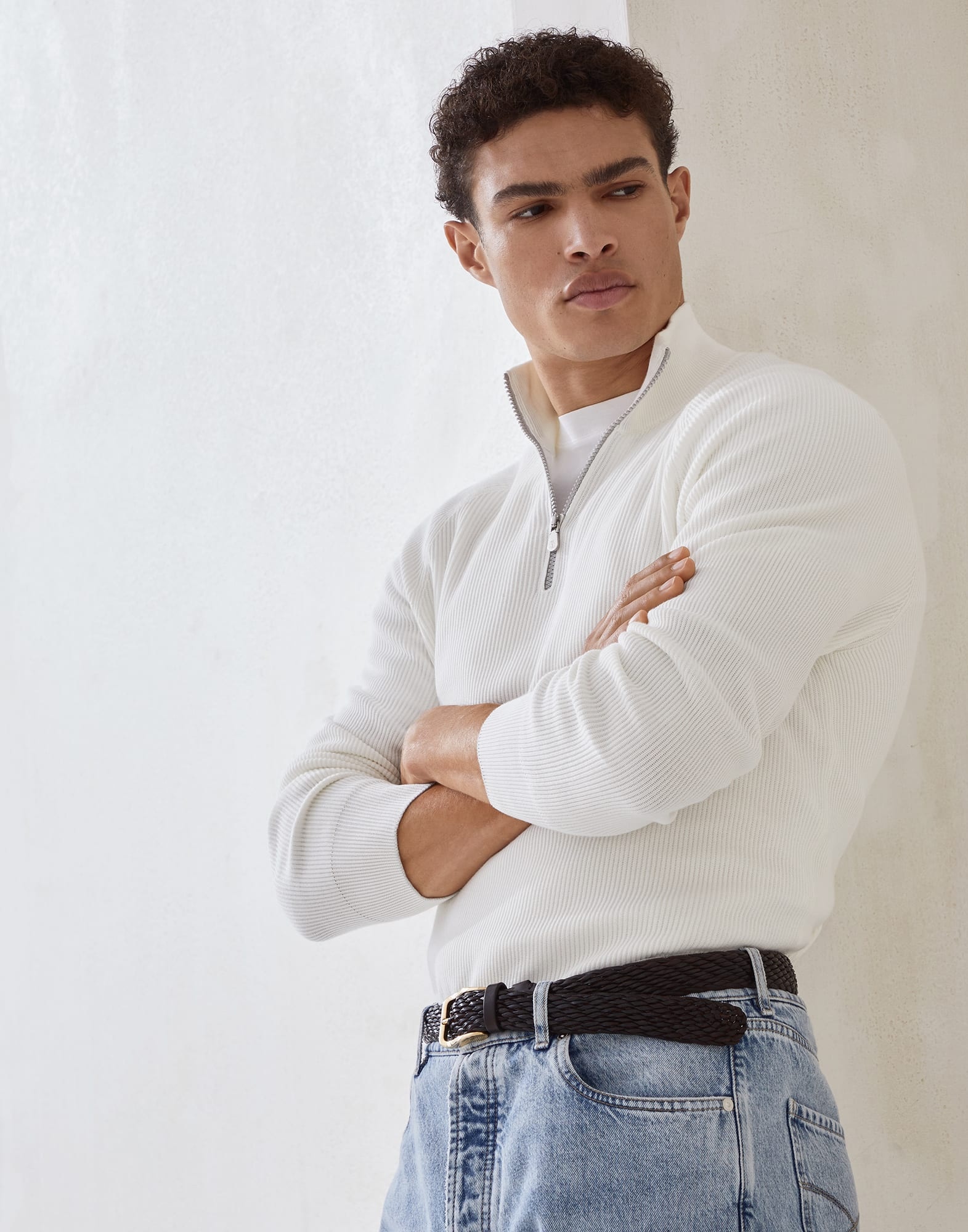 Cotton English rib sweater with half zip and raglan sleeves - 4