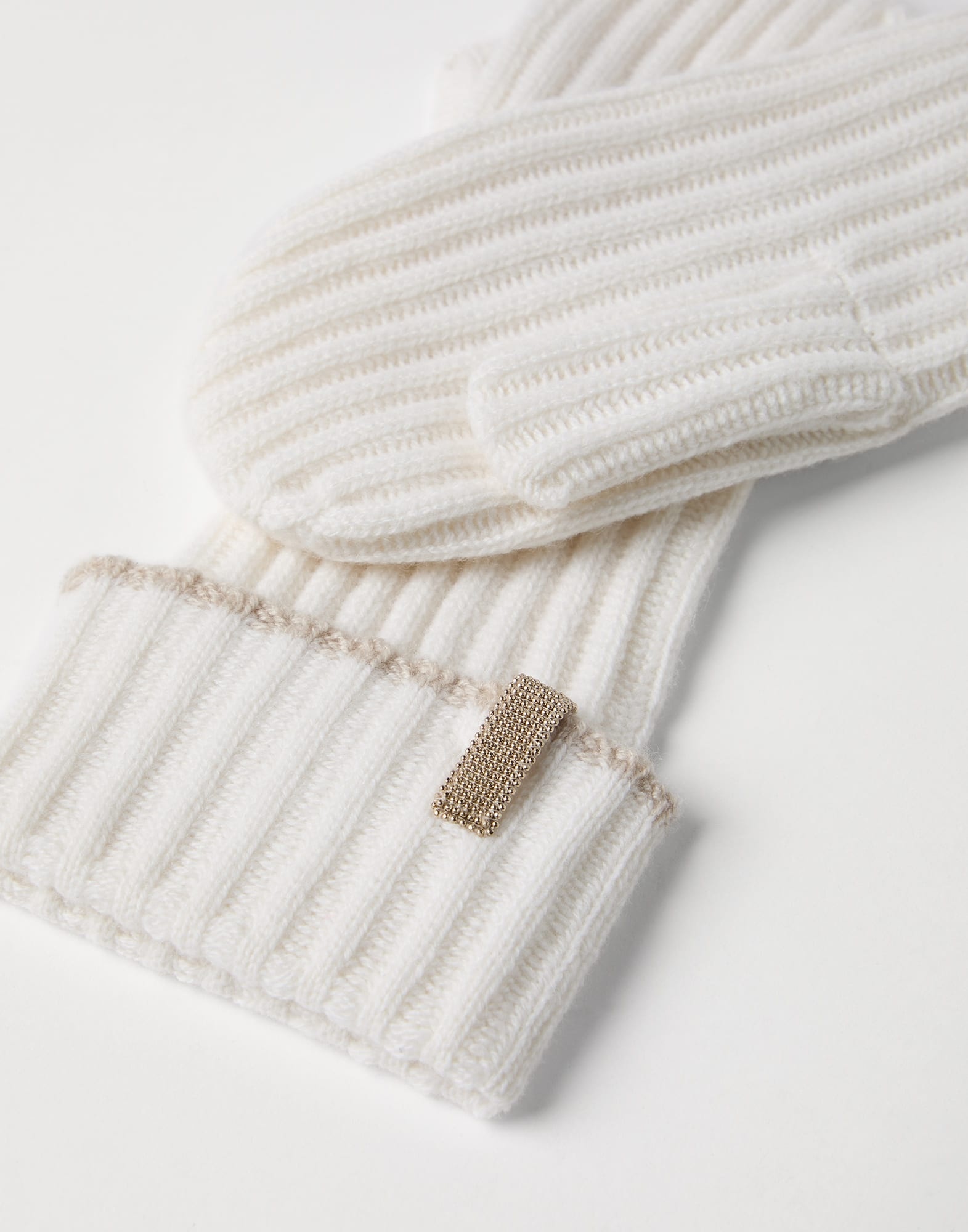 Cashmere rib knit mittens with monili - 2