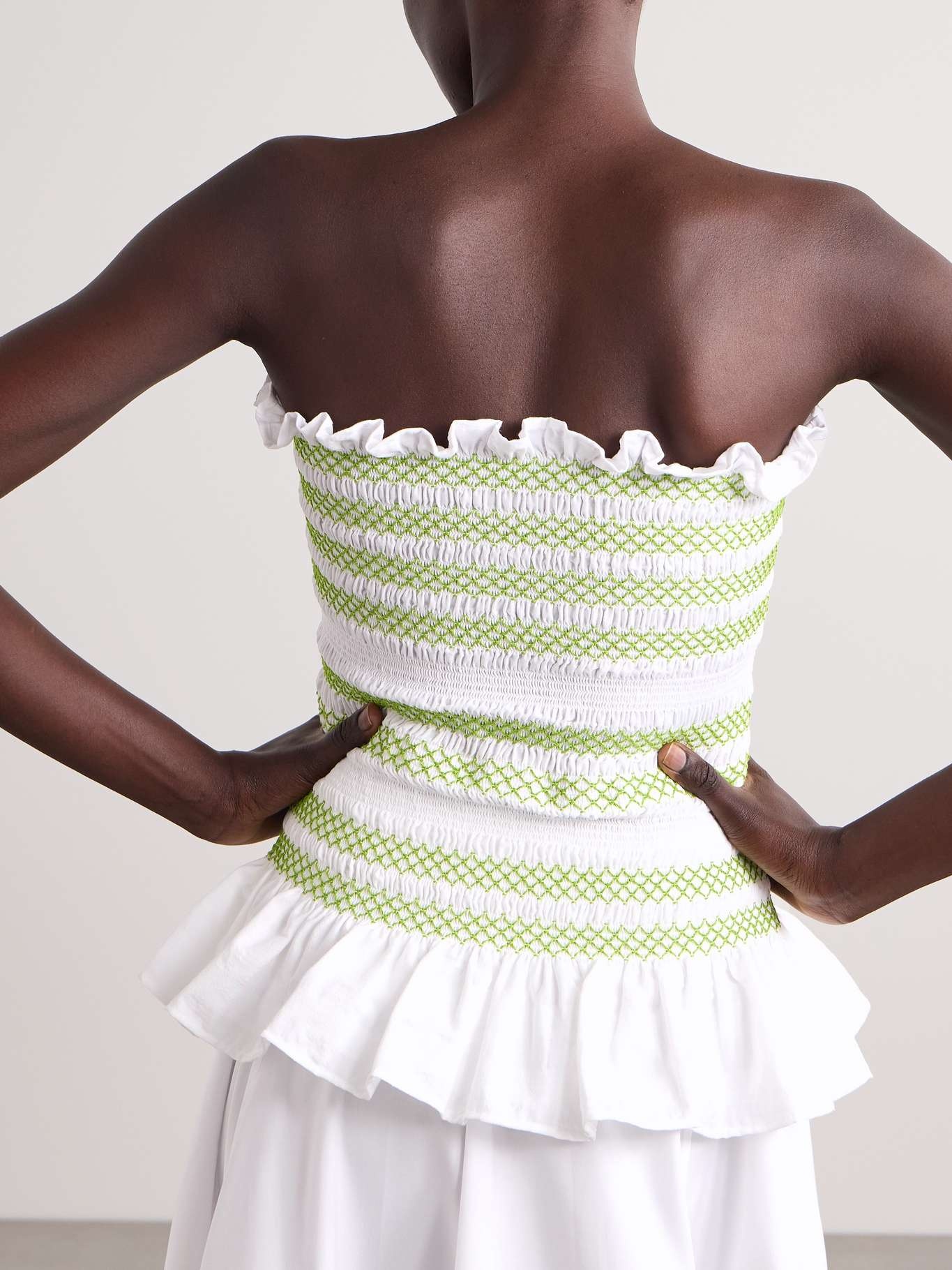 Lynne strapless ruffled smocked cotton-blend voile peplum top - 3