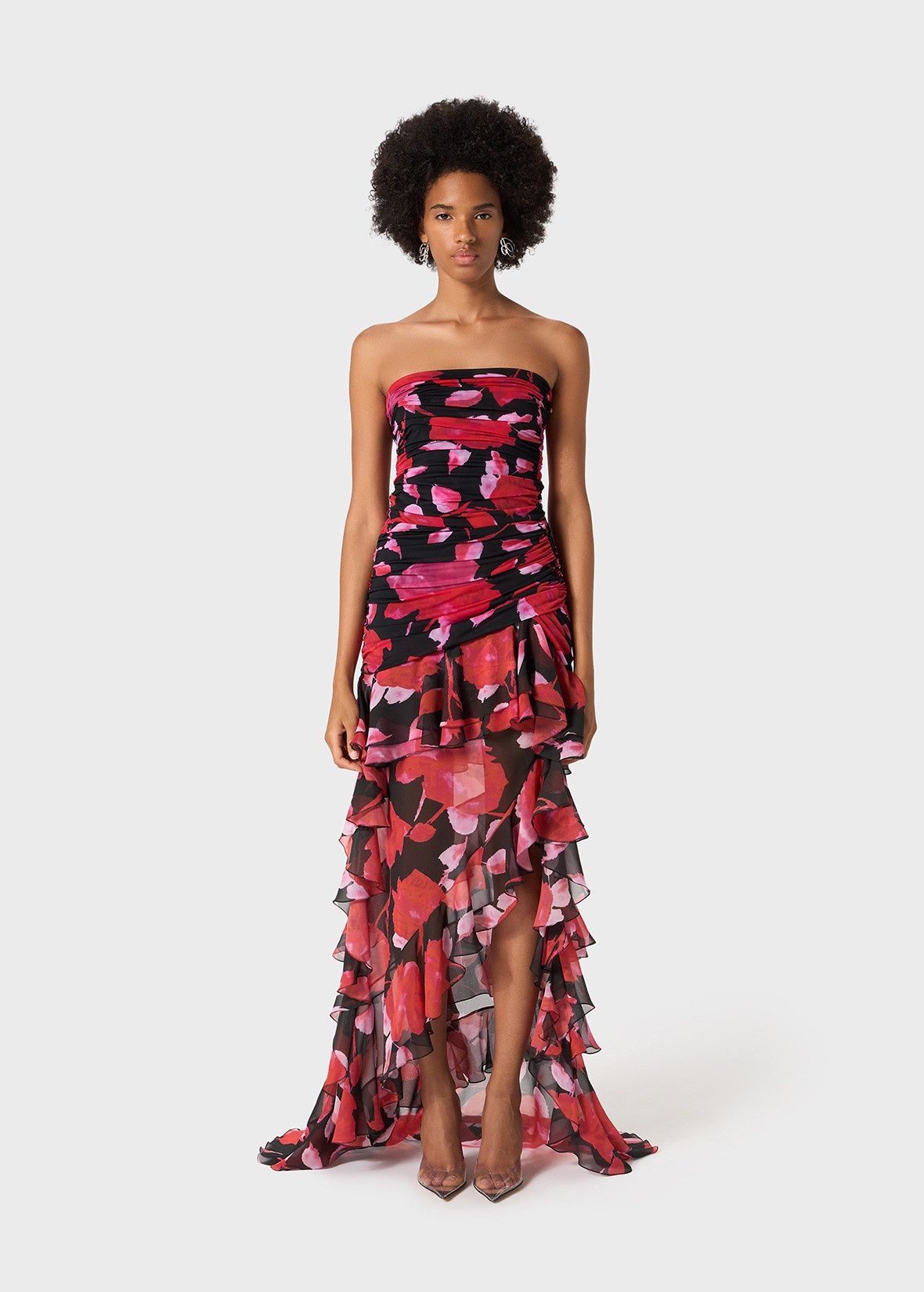 PRINTED JERSEY BUSTIER DRESS WITH CHIFFON FLOUNCES - 3