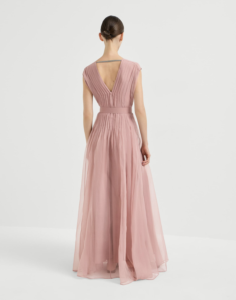 Brunello Cucinelli Crispy silk belted dress with pleated detail and precious strap outlook