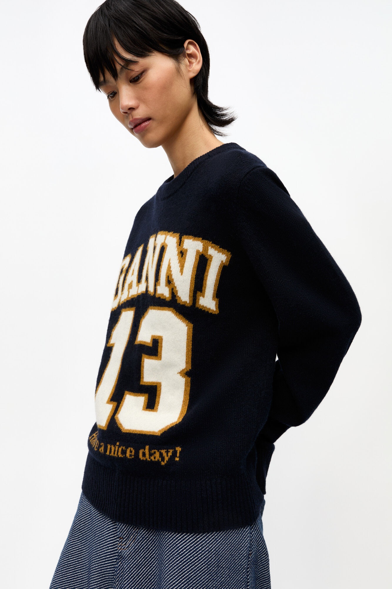 DARK BLUE GRAPHIC WOOL MIX BASEBALL SWEATER - 4