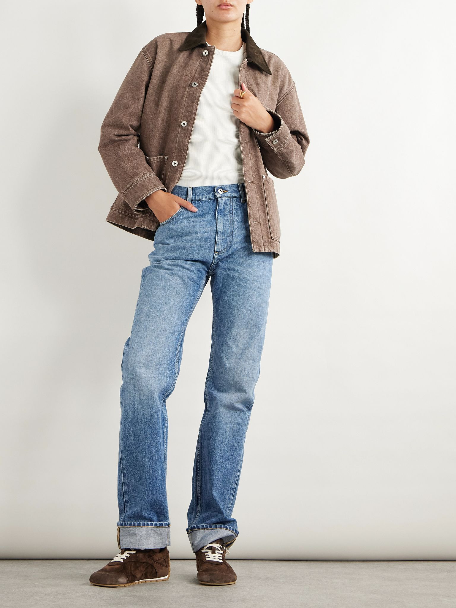 Appliquéd suede-trimmed denim jacket Brown - 2