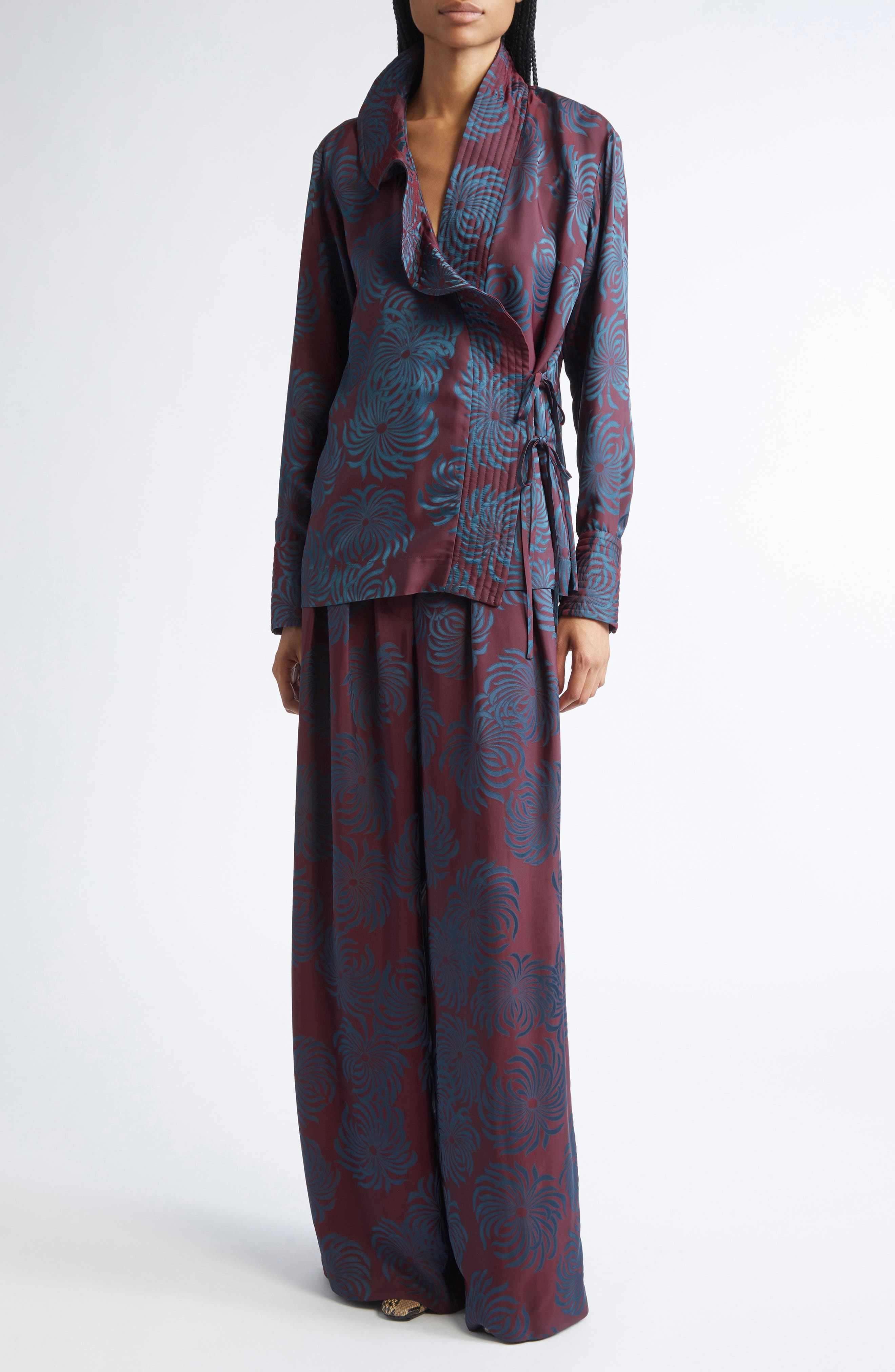 Dries Van Noten Pamplona Jacquard Pleated Wide Leg Pants in Burgundy at Nordstrom - 2