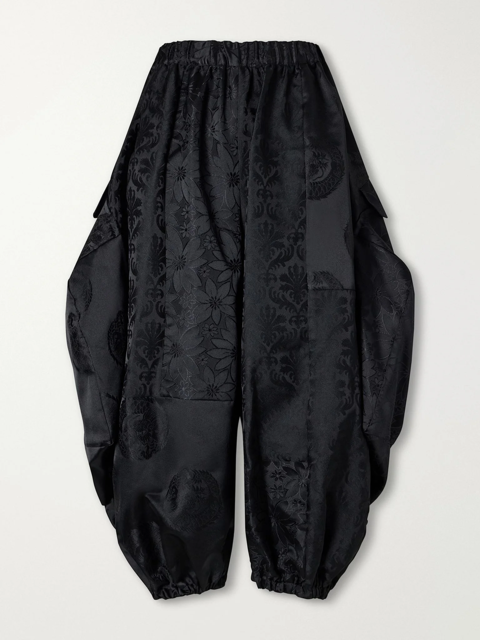 Gathered cropped satin-jacquard wide-leg pants Black - 1