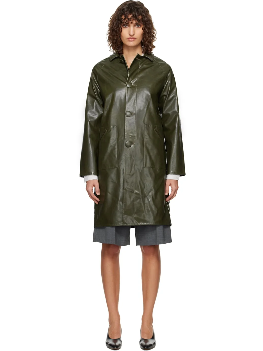 Khaki Raglan Faux-Leather Coat - 1