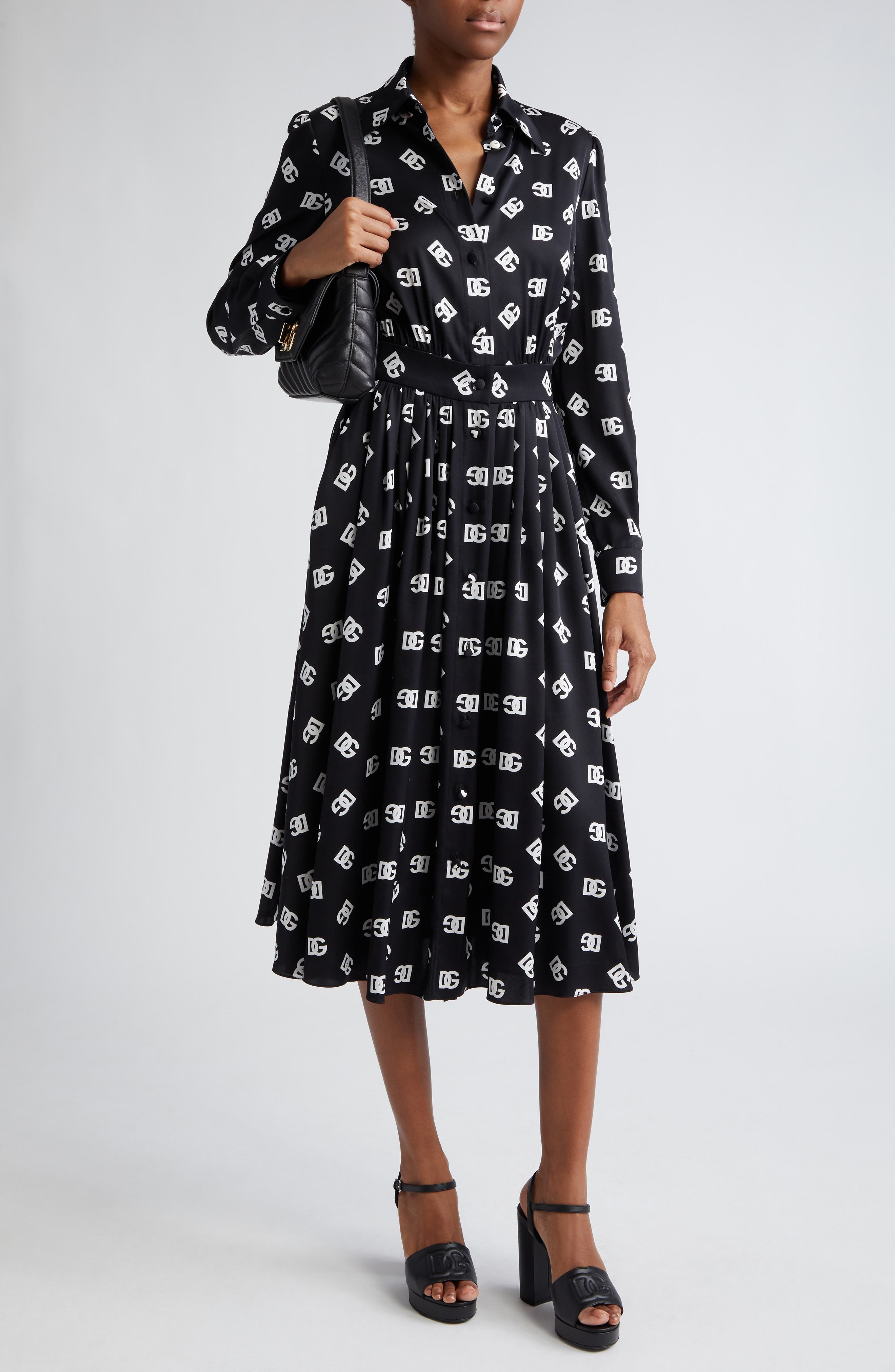 Pleated Monogram Logo Long Sleeve Stretch Silk Charmeuse Midi Dress - 2